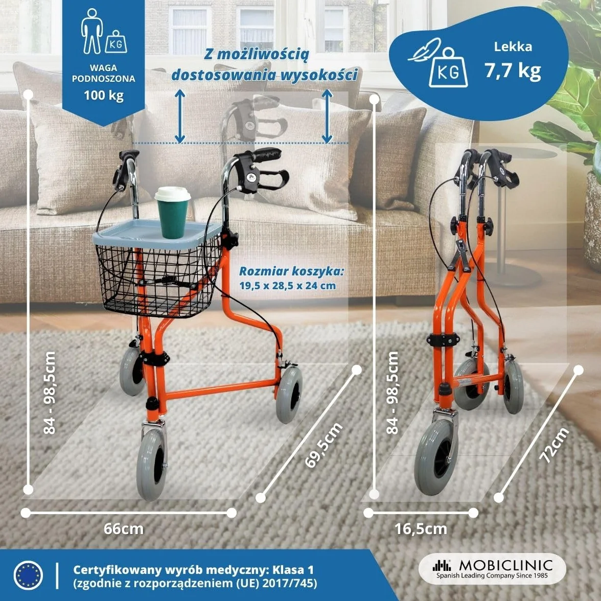 Mobiclinic Caleta Podpórka trzykołowa z koszykiem i hamulcem na rączkach Pomarańczowy