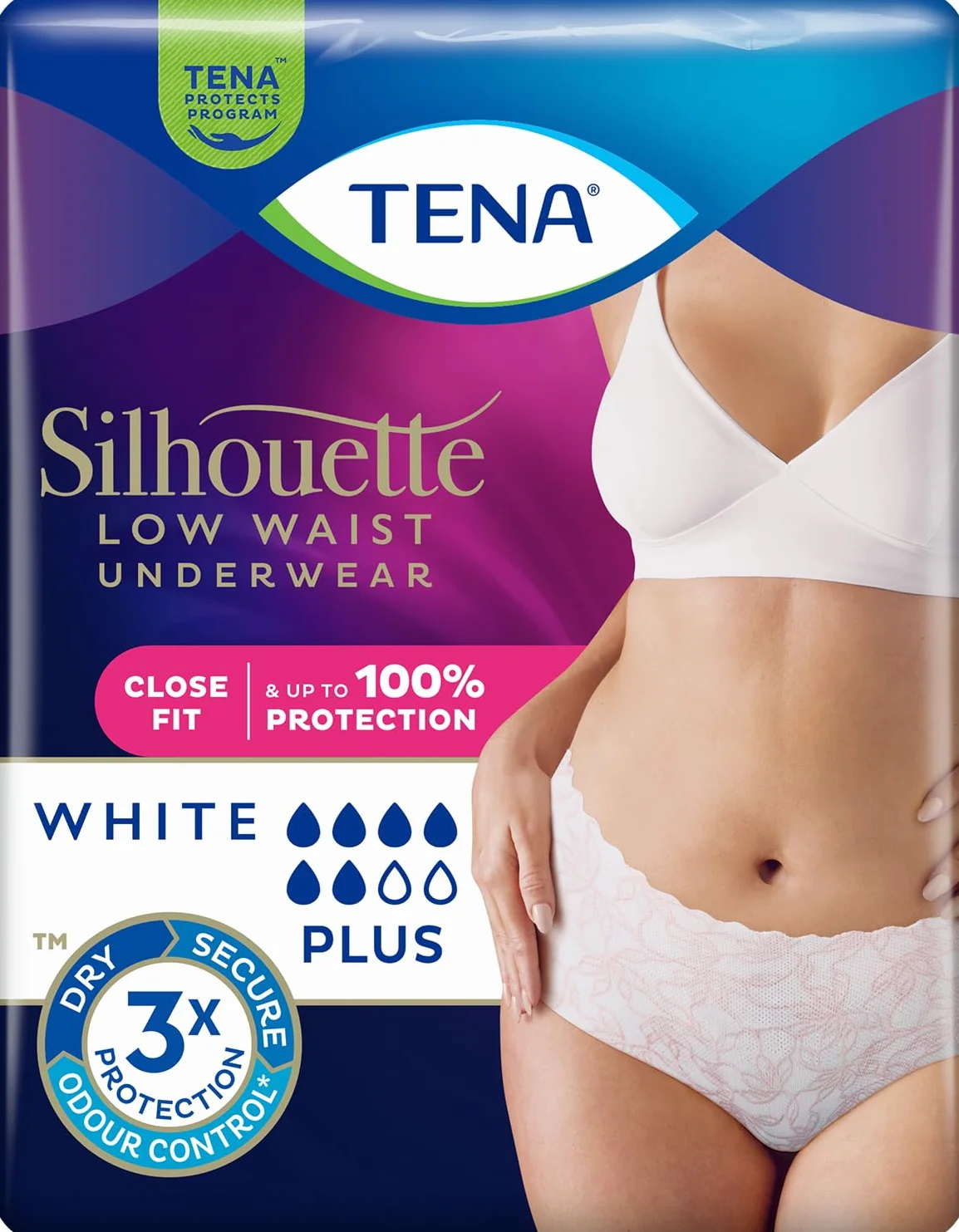 Tena Silhouette Plus średnia bielizna z niskim stanem, biała, dopasowany krój, do 100% ochrony, sucha plus 3-krotna bezpieczna ochrona
