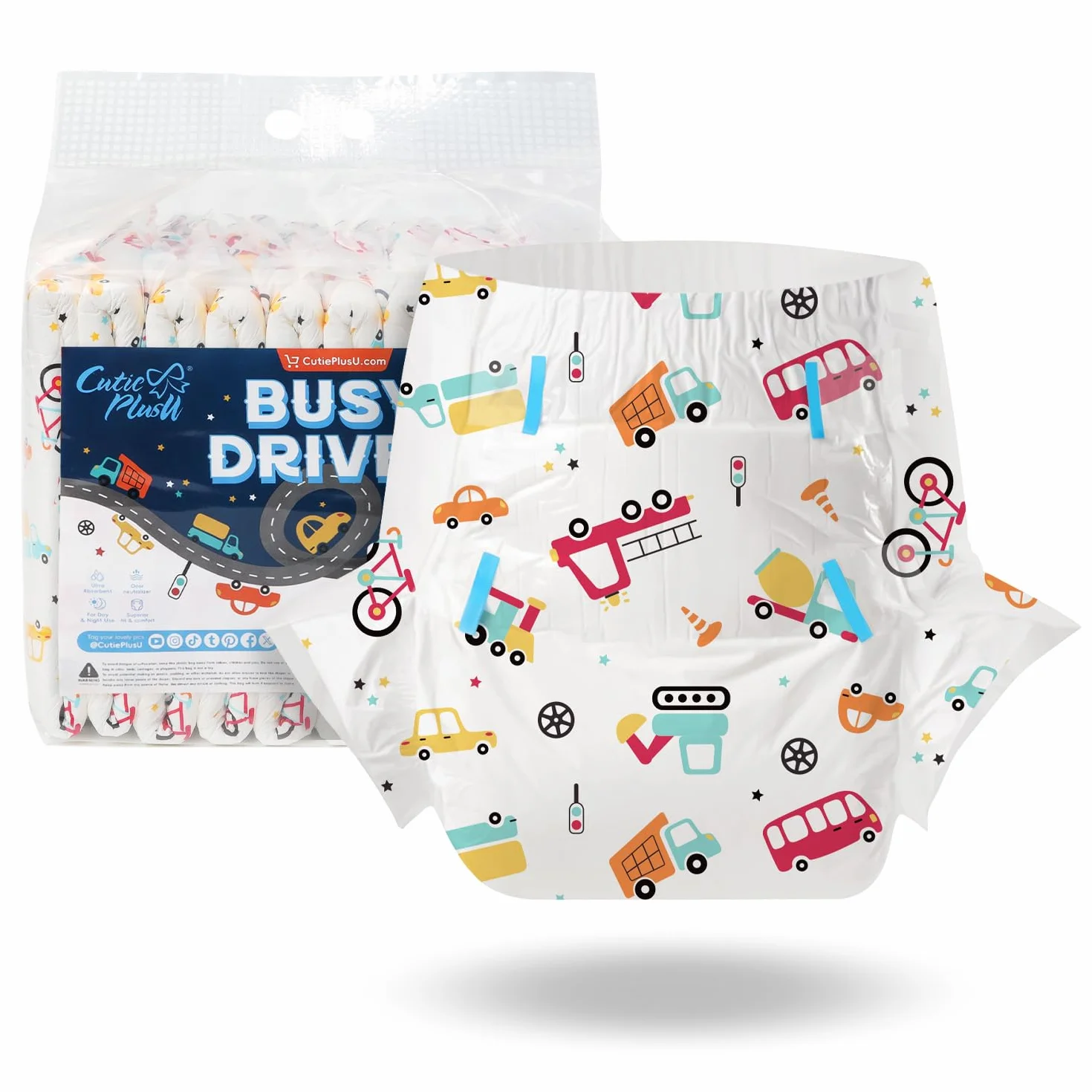 Pieluchy dla dorosłych CutiePlusU Opakowanie 10 szt. Wkłady nietrzymania moczu z zapięciami bocznymi Maksymalna chłonność na noc Busy Driver L 94-119CM