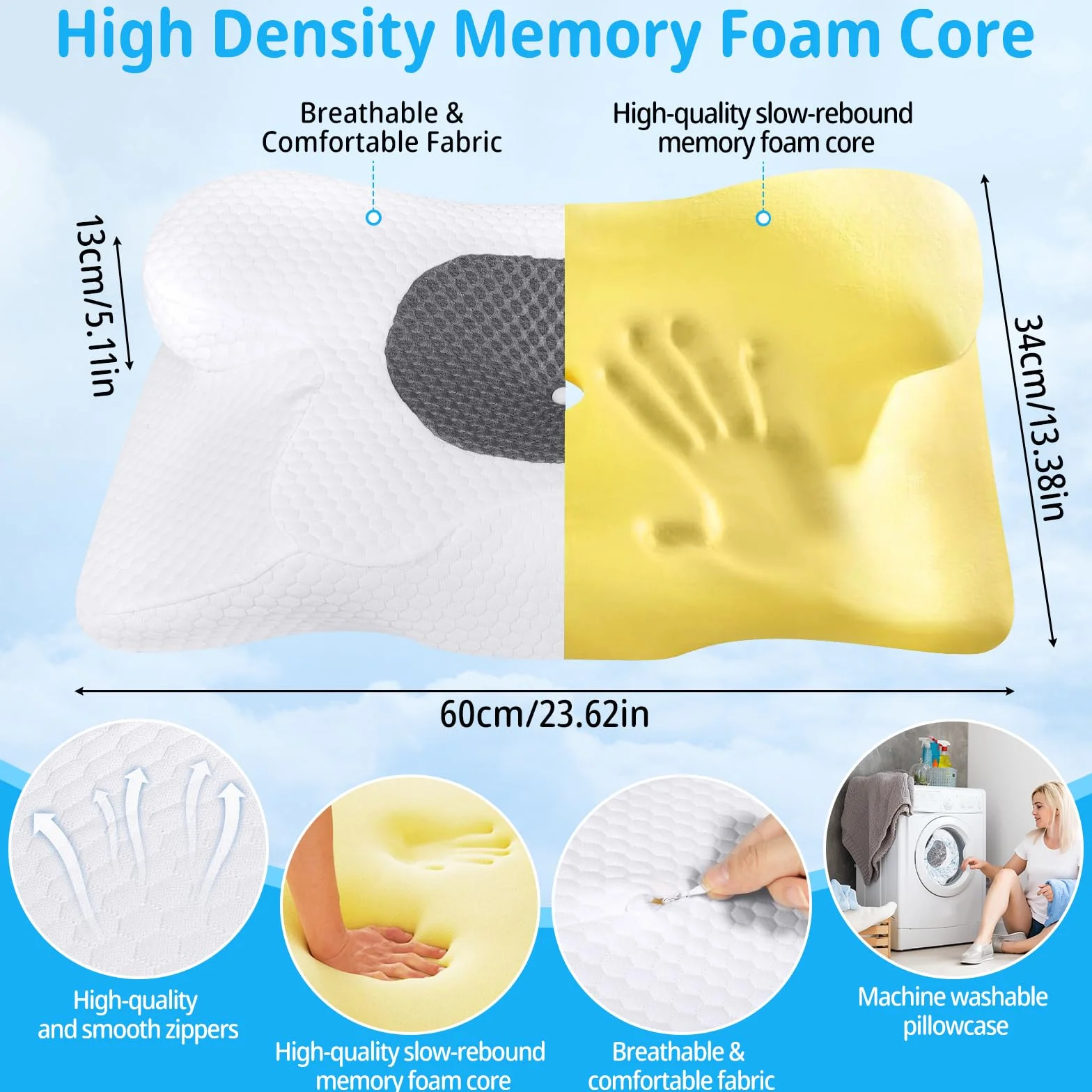 Poduszka Szyjna Ergonomiczna,Poduszka Z Pianki Memory Dla Osób Śpiących Na Boku,Plecach I Brzuchu, Poduszka Szyjna Poprawiająca Jakość Snu,60 X 34 X 13 CM
