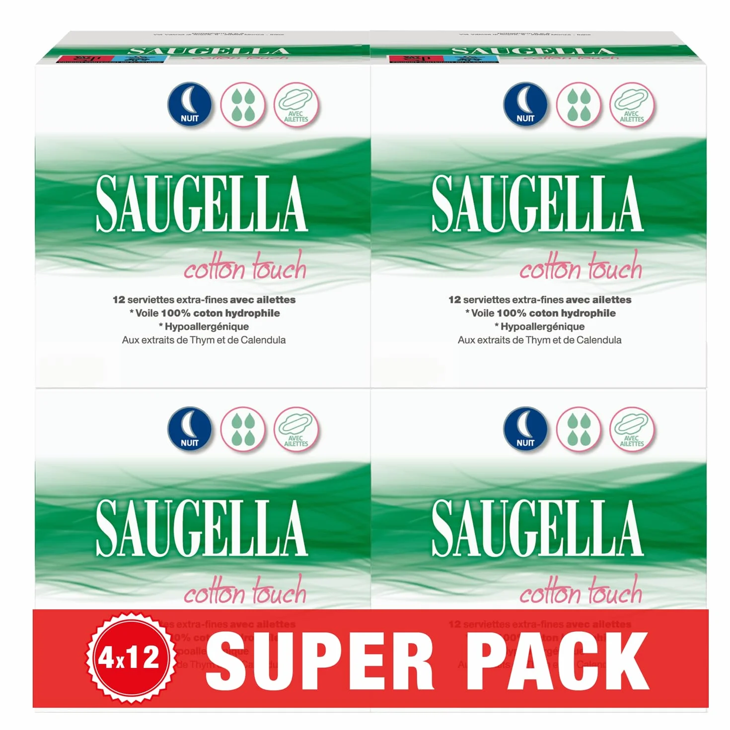 Saugella - Cotton Touch Night - Higieniczne ręczniki - Bardzo chłonne - Bardzo cienkie - Hipoalergiczne ze skrzydełkami - Antyzapachowe - 48 serwetek - Zestaw 4x12