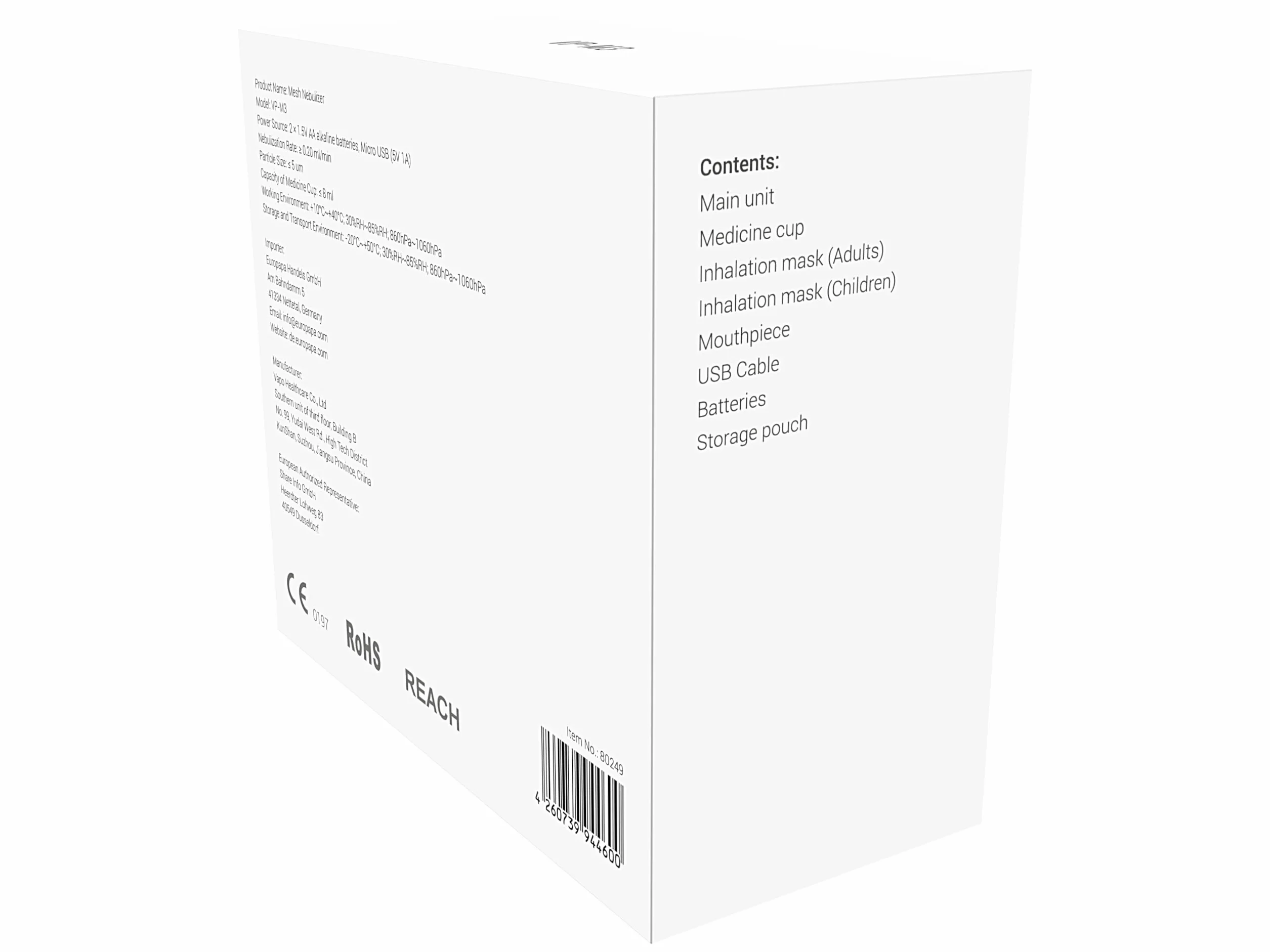 EUROPAPA Przenośny inhalator nebulizator z ustnikiem i maską, ładowany USB, cichy