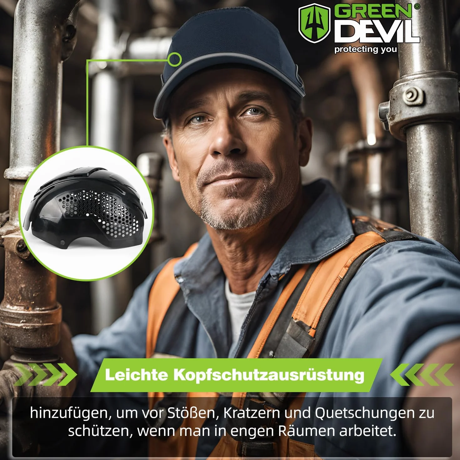 GREEN DEVIL Matrix Lite uniwersalna czapka ochronna na głowę, z twardą powłoką, ABS, oddychająca, lekka, odporna na wstrząsy, pasuje do każdego kapelusza baseballowego lub hardhatów