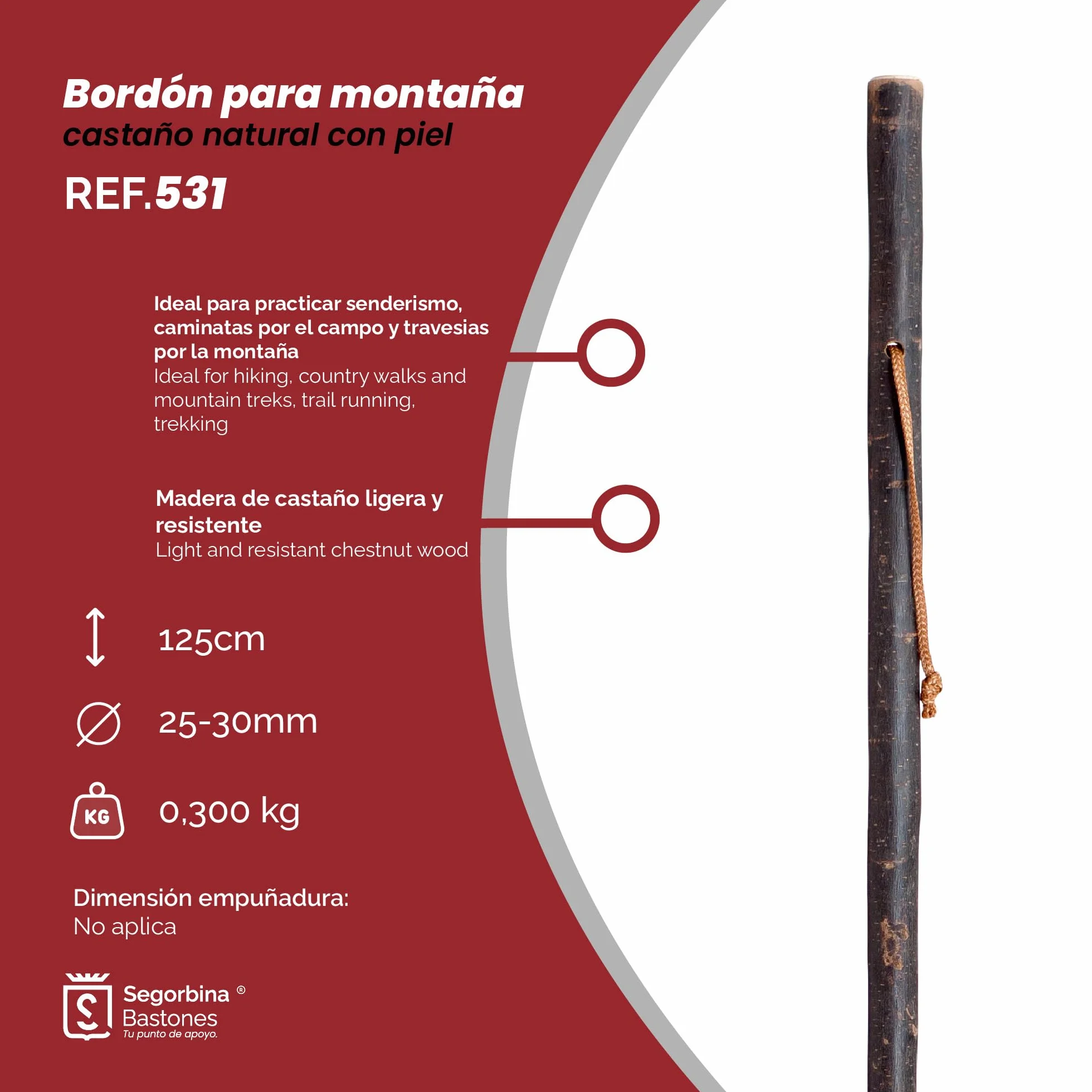 Kij laska z naturalnego kasztanowego drewna ze skórzanym uchwytem 125 cm rozmiar L