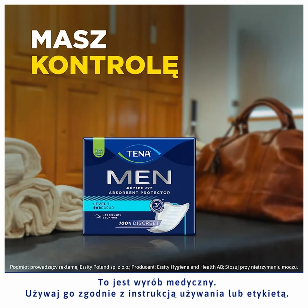 Wkładki męskie TENA Men Active Fit Level 1 na lekkie nietrzymanie moczu - urologiczne, higieniczne podpaski na nietrzymanie moczu dla dorosłych (1 opakowanie 24 sztuk)