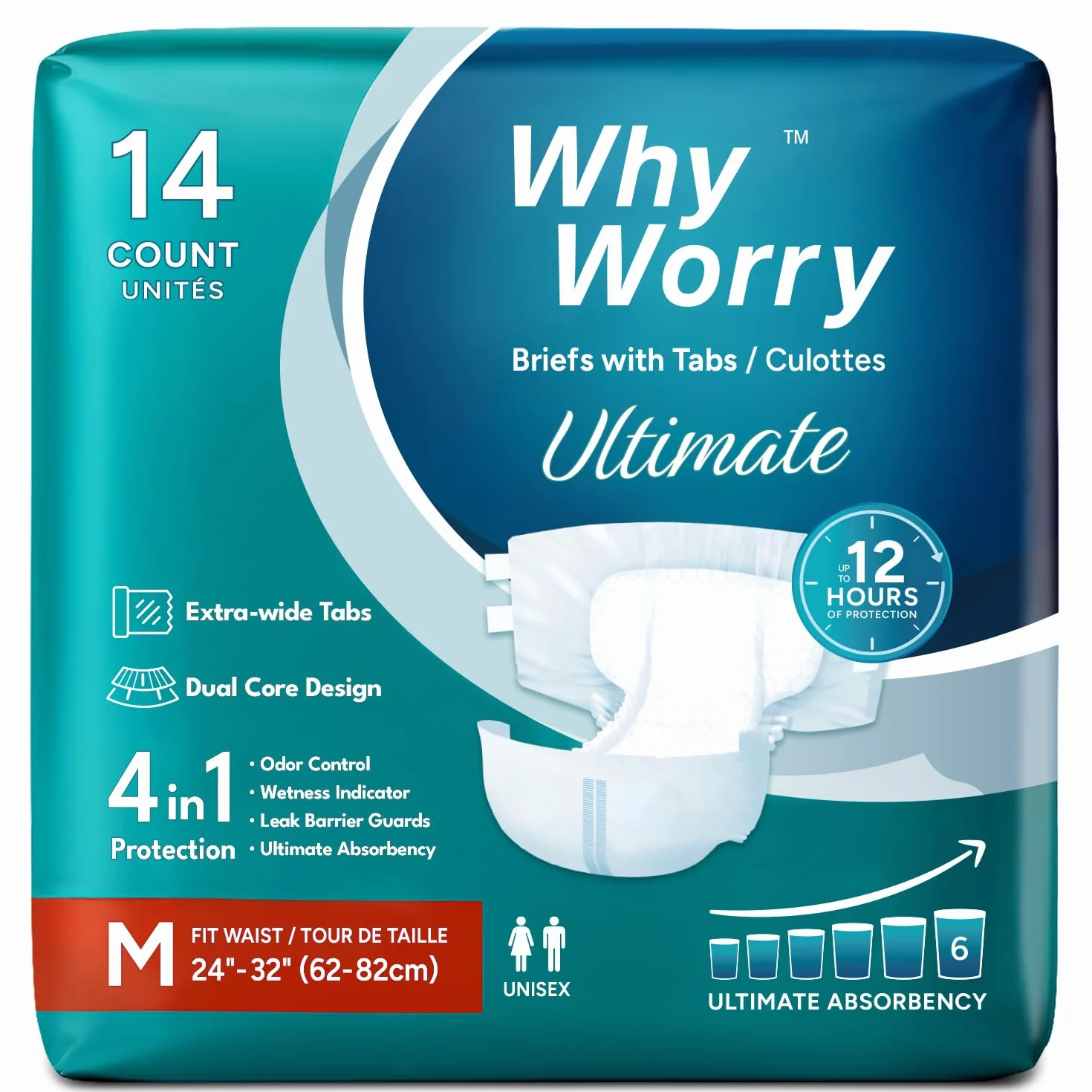 WhyWorry Ultimate pieluchy dla dorosłych dla mężczyzn i kobiet, jednorazowe pieluchy dla dorosłych na nietrzymanie moczu z najwyższą chłonnością, majtki na nietrzymanie moczu do ochrony nocnej, unisex