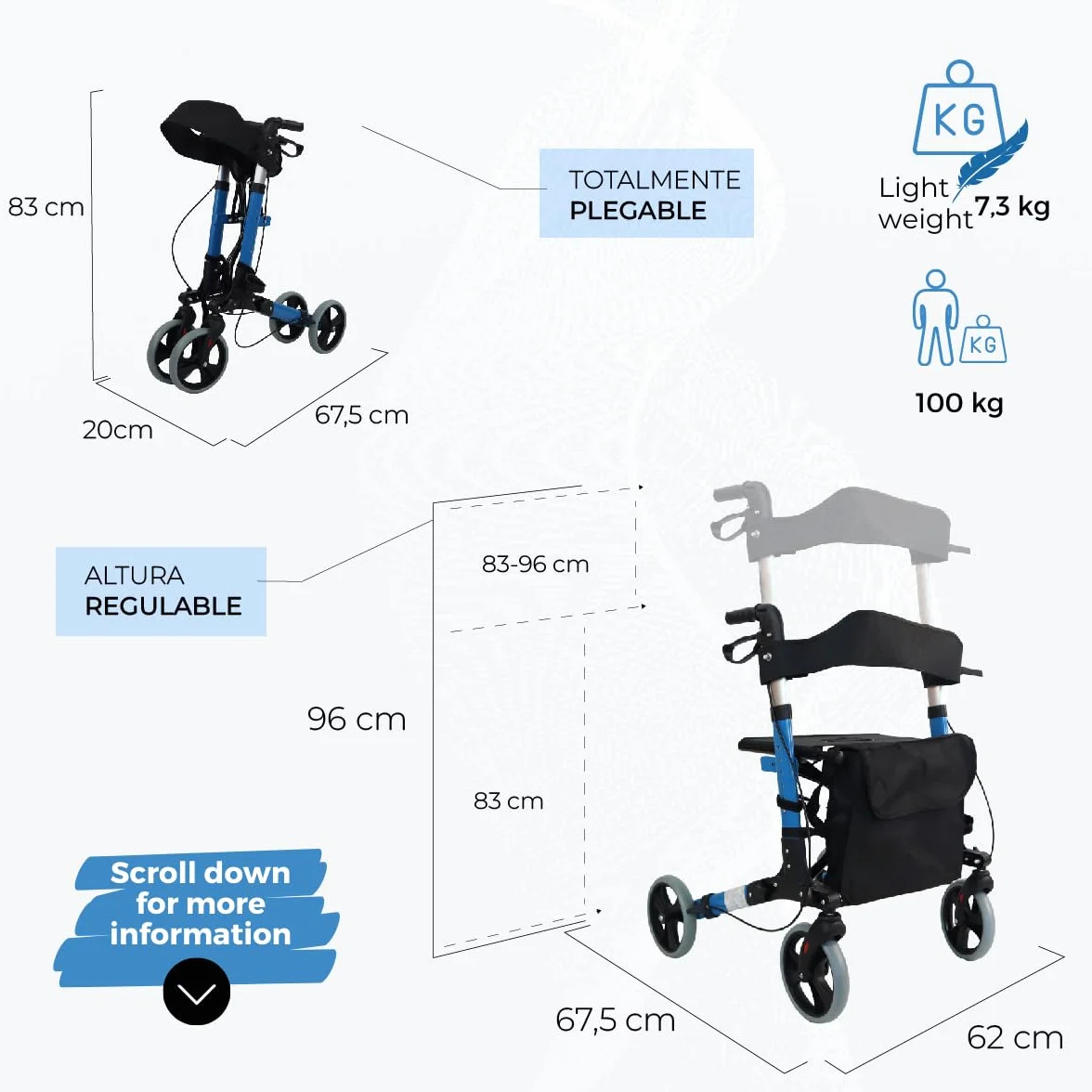 Mobiclinic Trajano Deluxe Składany Chodzik z 4 kołami Aluminium Hamulce na dźwigniach Siedzisko i oparcie