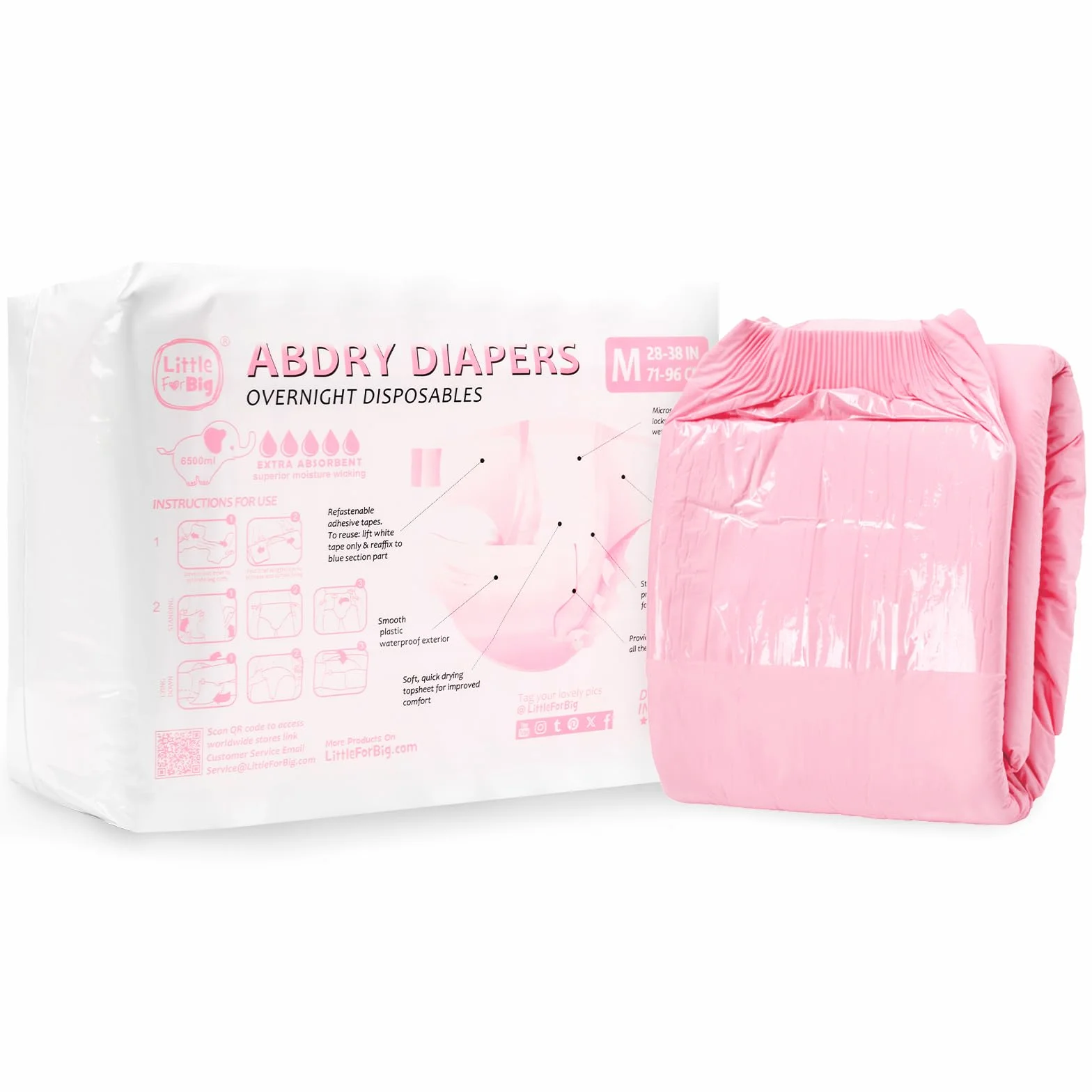 LittleForBig ABDry Ultra chłonne pieluchy dla dorosłych 6500 ml regulowane taśmy 10 sztuk różowe (L)