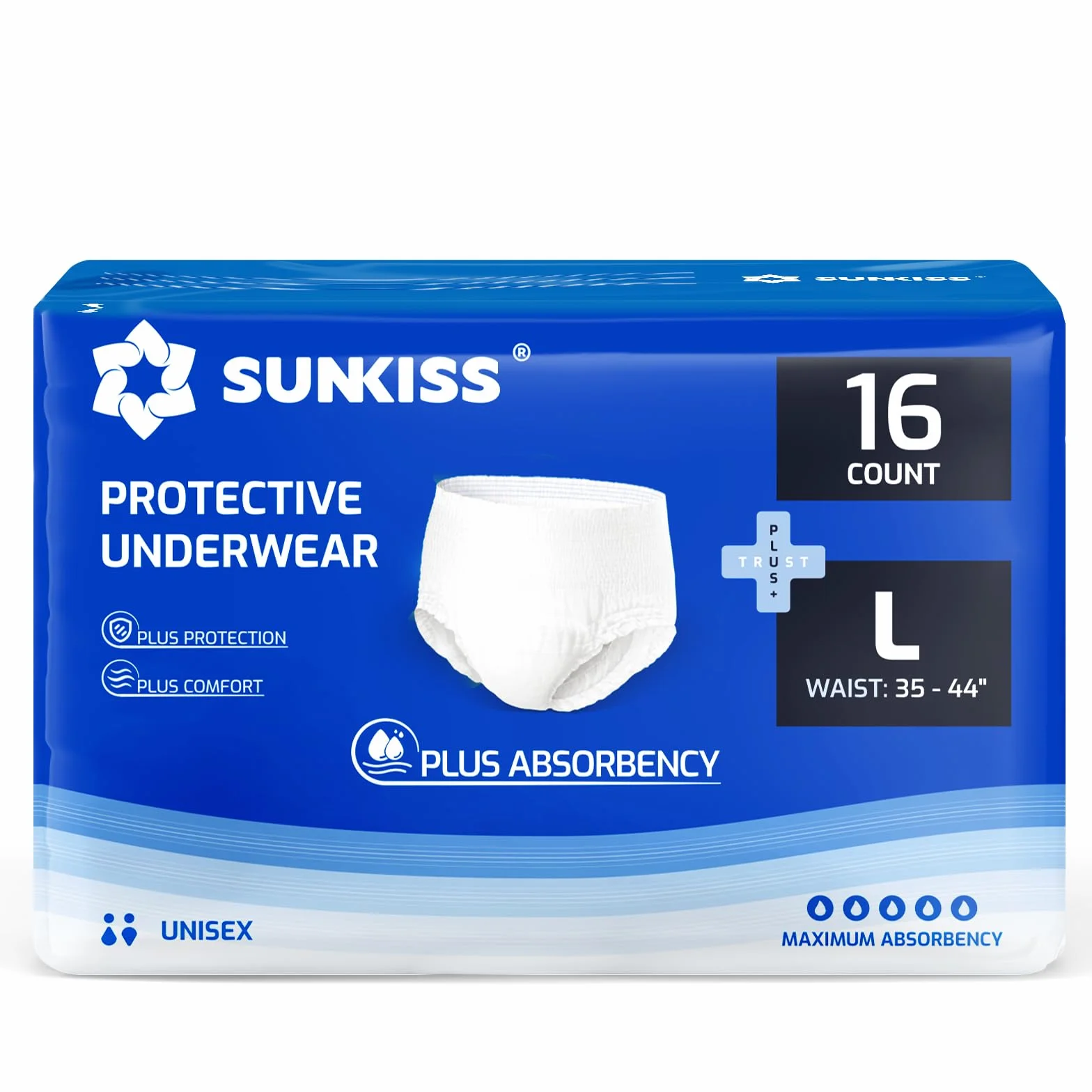 SUNKISS TrustPlus spodnie na nietrzymanie moczu dla mężczyzn i kobiet, dla dorosłych, jednorazowa bielizna ochronna, maksymalna chłonność, kontrola zapachu, rozmiar L, 16 szt.