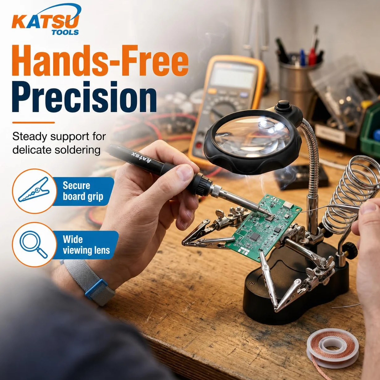 KATSU Tools 990747 podświetlane szkło powiększające lupa pomaga dłoniom lupa lutownicza