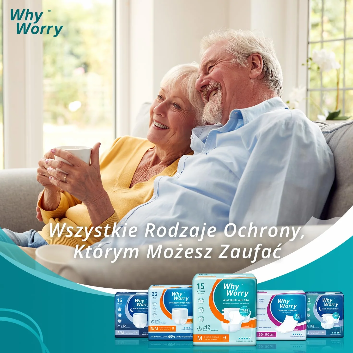 WhyWorry Pieluchy dla Dorosłych o Maksymalnej Chłonności, Jednorazowe Majtki na Nietrzymanie Moczu z Zakładkami, dla Mężczyzn i Kobiet, Kontrola Zapachu, Unisex, Rozmiar XL, 15 Sztuk