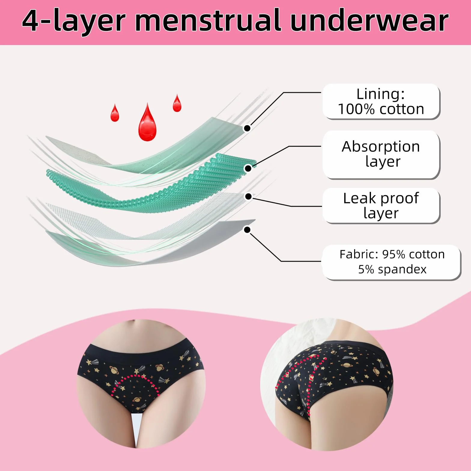 Dziewczęce spodnie menstruacyjne majtki dla nastolatków chłonne majtki miesiączkowe bawełniane majtki cykl menstrualny dla kobiet 8-18 lat (3 Space, 8-10 lat)