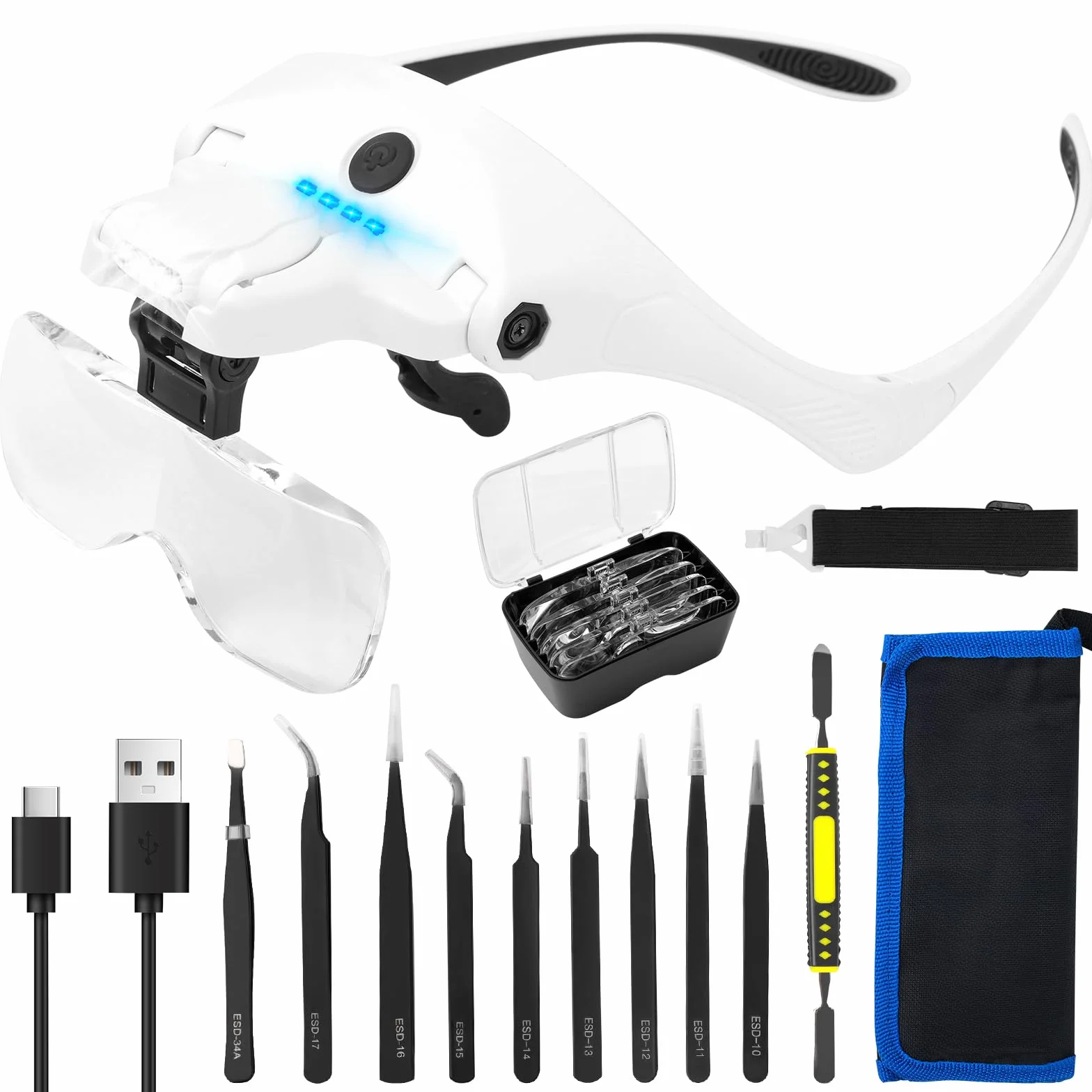 Cuteefun Lupa przednia, okulary powiększające z 4 diodami LED, 2 poziomy jasności, 5 soczewek 1-3,5X, regulowany kąt soczewek i kąta światła, szkło powiększające do naprawy, zrób to sam