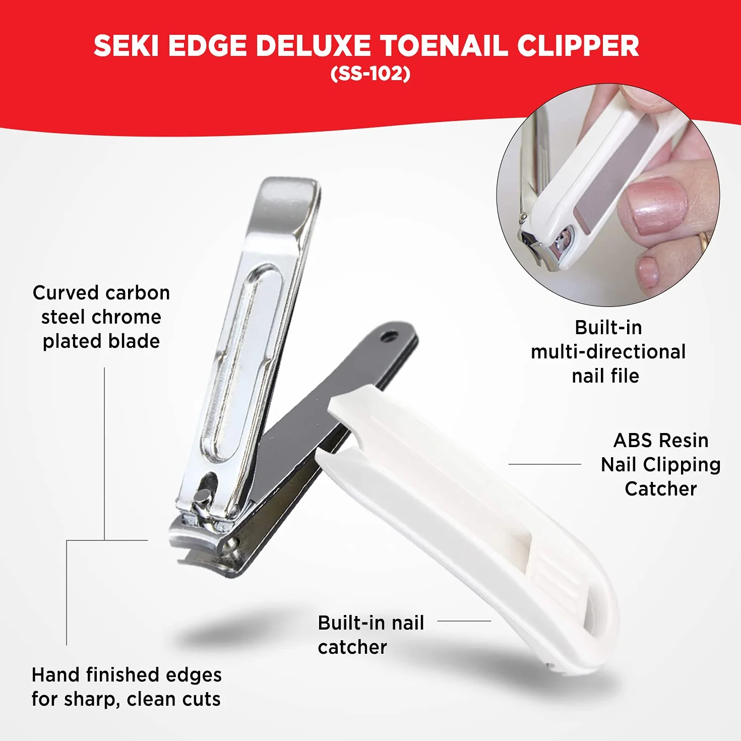 Seki EDGE SS-102 | Made in Japan | Wielofunkcyjny obcinacz do paznokci u stóp z wbudowanym pojemnikiem i pilnikiem | 90 mm