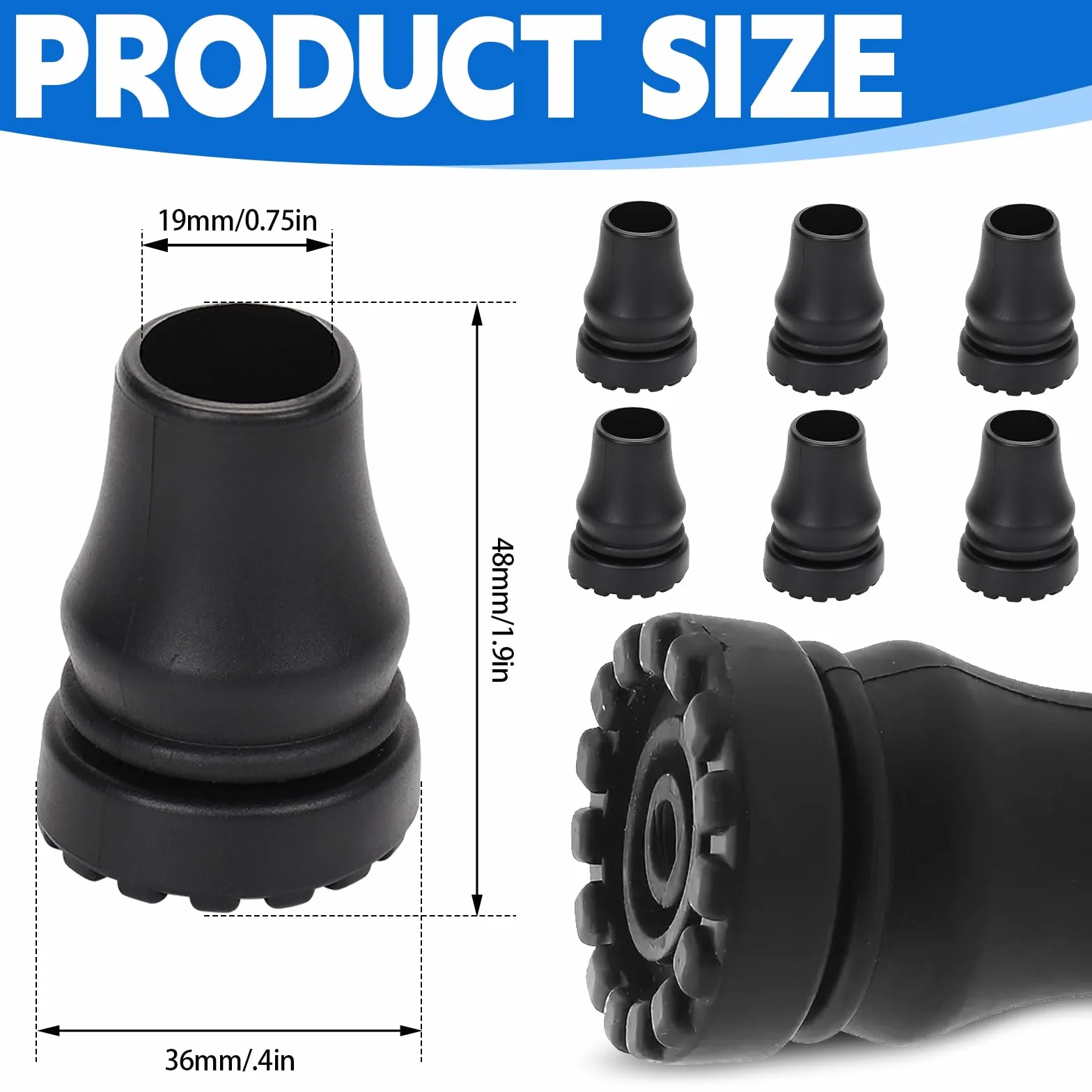 6 sztuk gumowych odbojników 19 mm, antypoślizgowe kulki, gumowe kijki do chodzenia, gumowe nakładki do kijków turystycznych, wytrzymałe, dla seniorów, do kul, kijków