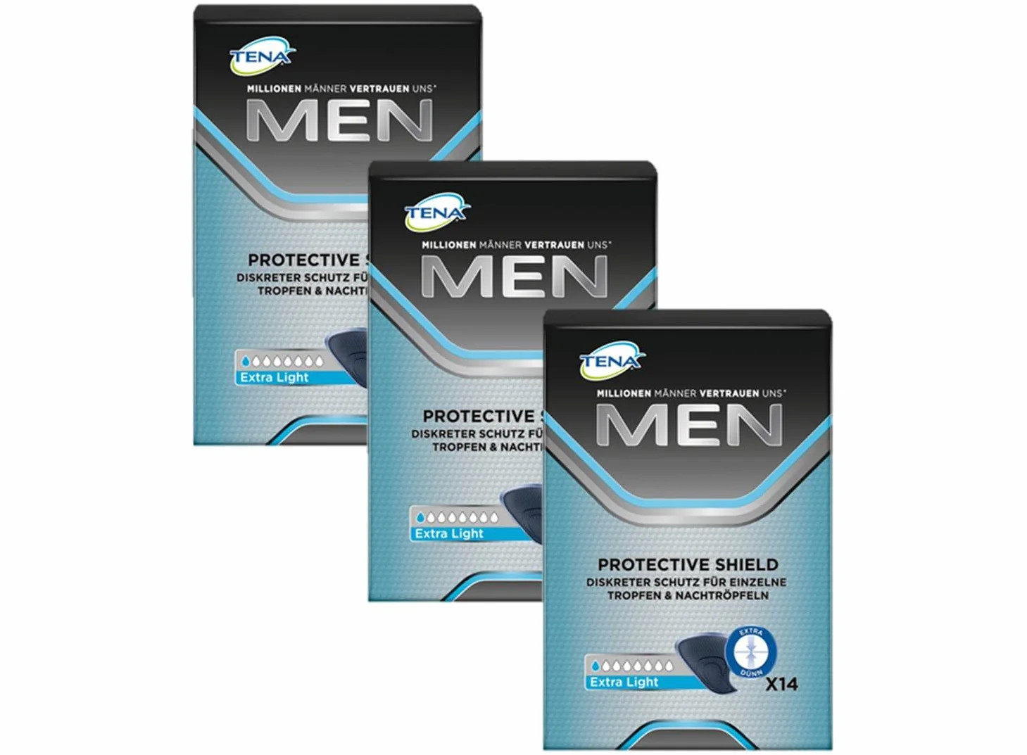 TENA MEN Protective Shield Extra Light, dyskretne i wygodne czarne wkładki higieniczne dla mężczyzn z łagodnym osłabieniem pęcherza, 42 higieniczne wkładki (3 x 14 sztuk) w opakowaniu zapasowym