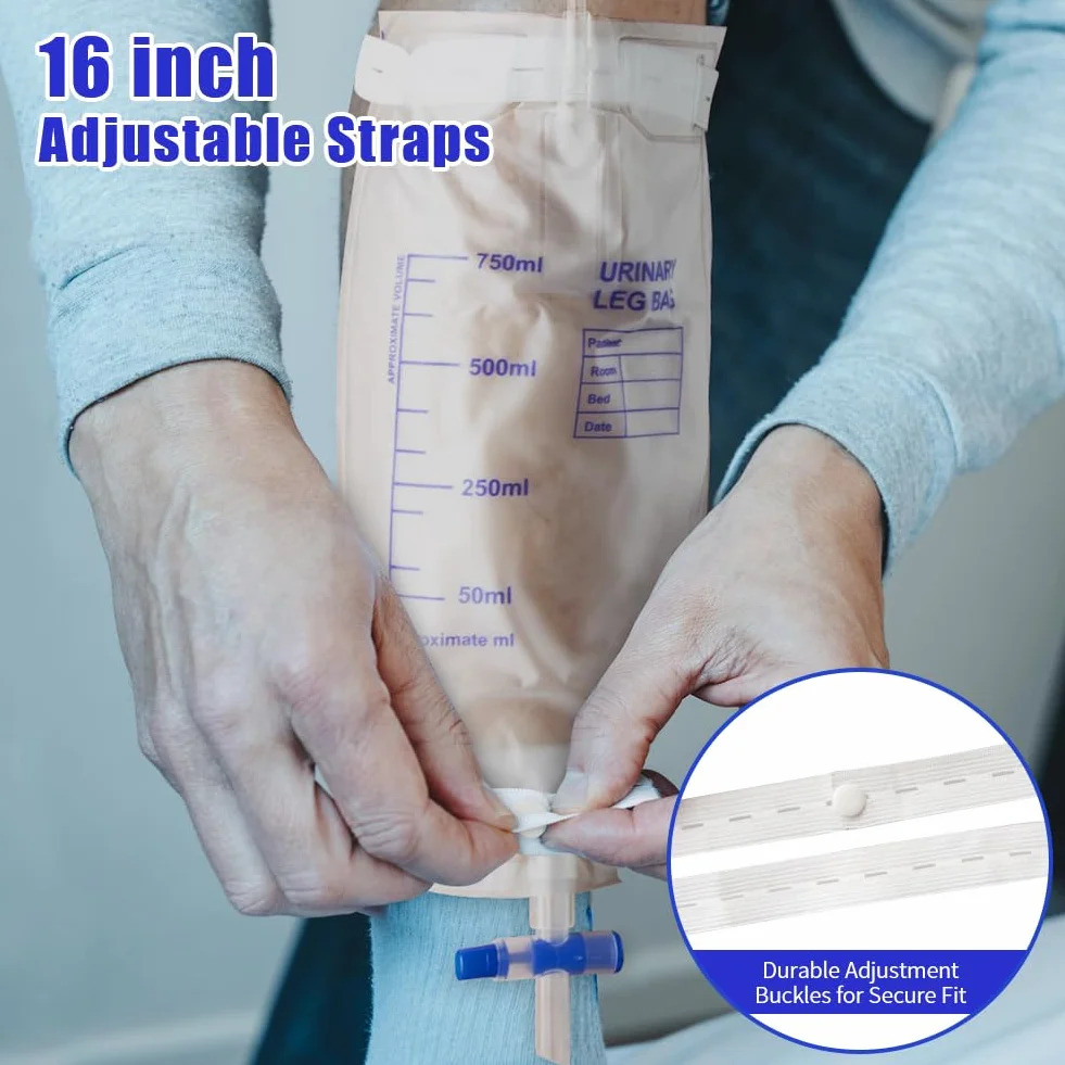 5 sztuk worków na mocz 750 ml, worek na mocz, worek na nogi, worek do drenażu moczu z wężem, worek cewnikowy z zaworem spustowym T i taśmami materiałowymi (750 ml, 5 szt.)