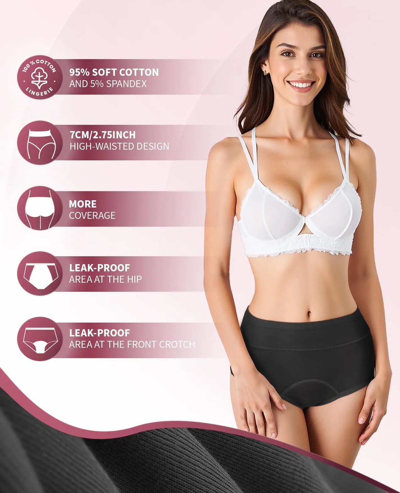 Bielizna okresowa, bielizna menstruacyjna, wysoka waga, 95% bawełna, oddychająca, 3 sztuki w opakowaniu (XS-3XL)