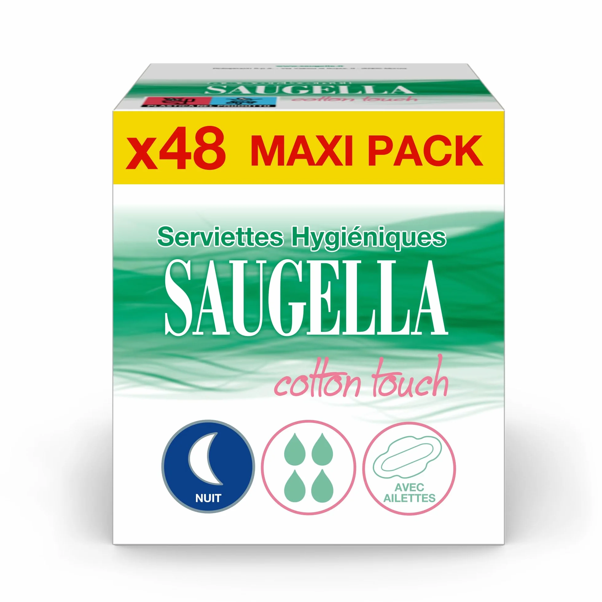Saugella - Cotton Touch Night - Higieniczne ręczniki - Bardzo chłonne - Bardzo cienkie - Hipoalergiczne ze skrzydełkami - Antyzapachowe - 48 serwetek - Zestaw 4x12