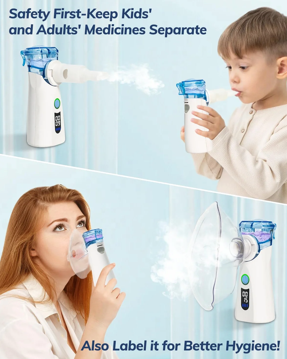 Bowfar Inhalator nebulizator, cichy inhalator z 2 kubkami na lek dla dorosłych i dzieci, wielkość cząsteczek 2-5 µm, 3 prędkości, przenośny, akumulatorowy inhalator ultradźwiękowy - niebieski