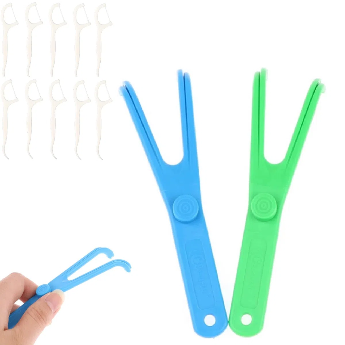 Uchwyt na flossy dentystyczne, wielokrotnego użytku, 2 uchwyty na zęby dentystyczne z 10 sztukami płetw dentystycznych, idealny dla rodzin, hoteli i podróży do higieny jamy ustnej