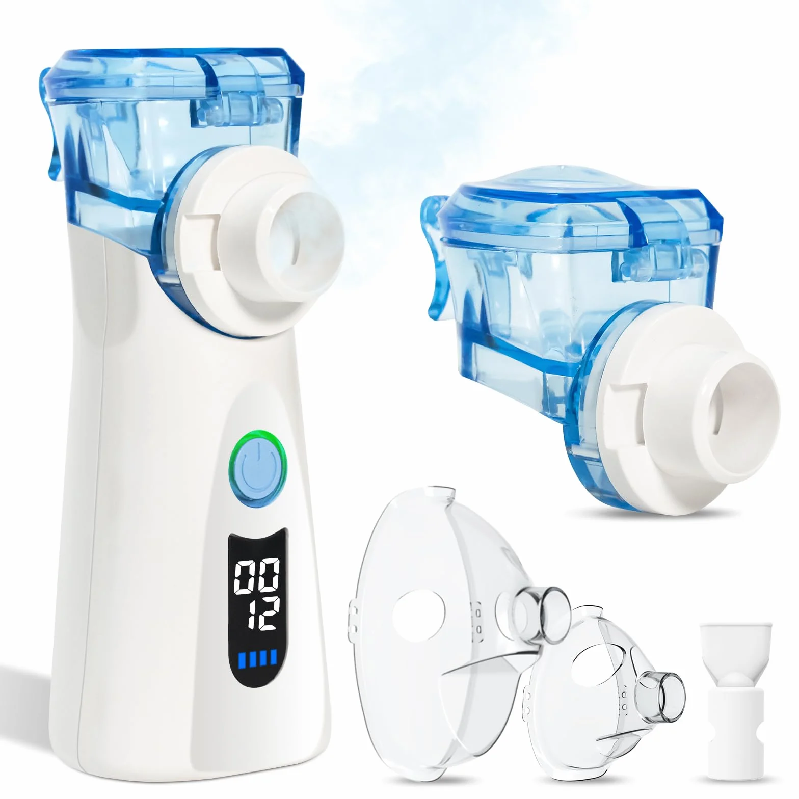 Bowfar Inhalator nebulizator, cichy inhalator z 2 kubkami na lek dla dorosłych i dzieci, wielkość cząsteczek 2-5 µm, 3 prędkości, przenośny, akumulatorowy inhalator ultradźwiękowy - niebieski