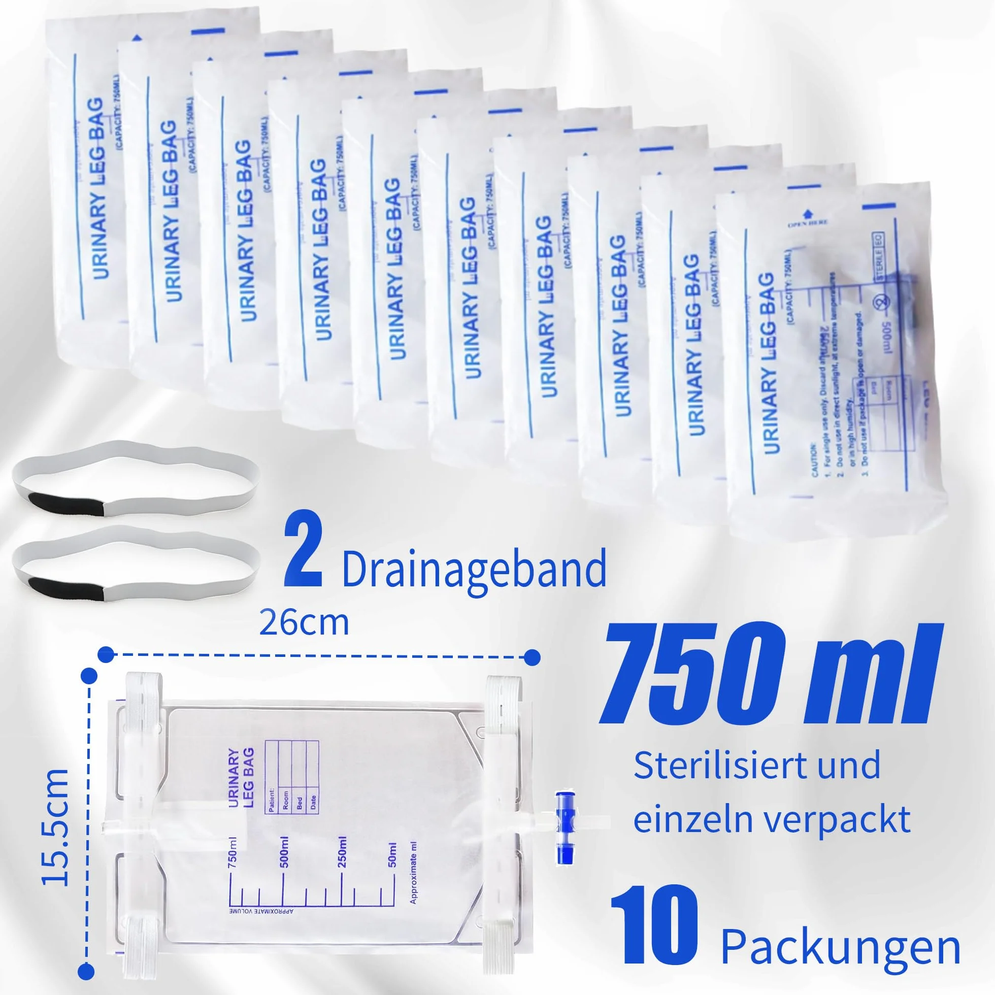 Zestaw worków na nogę 750 ml PCW wąż silikonowy jednorazowe woreczki na mocz z zaworem krzyżowym