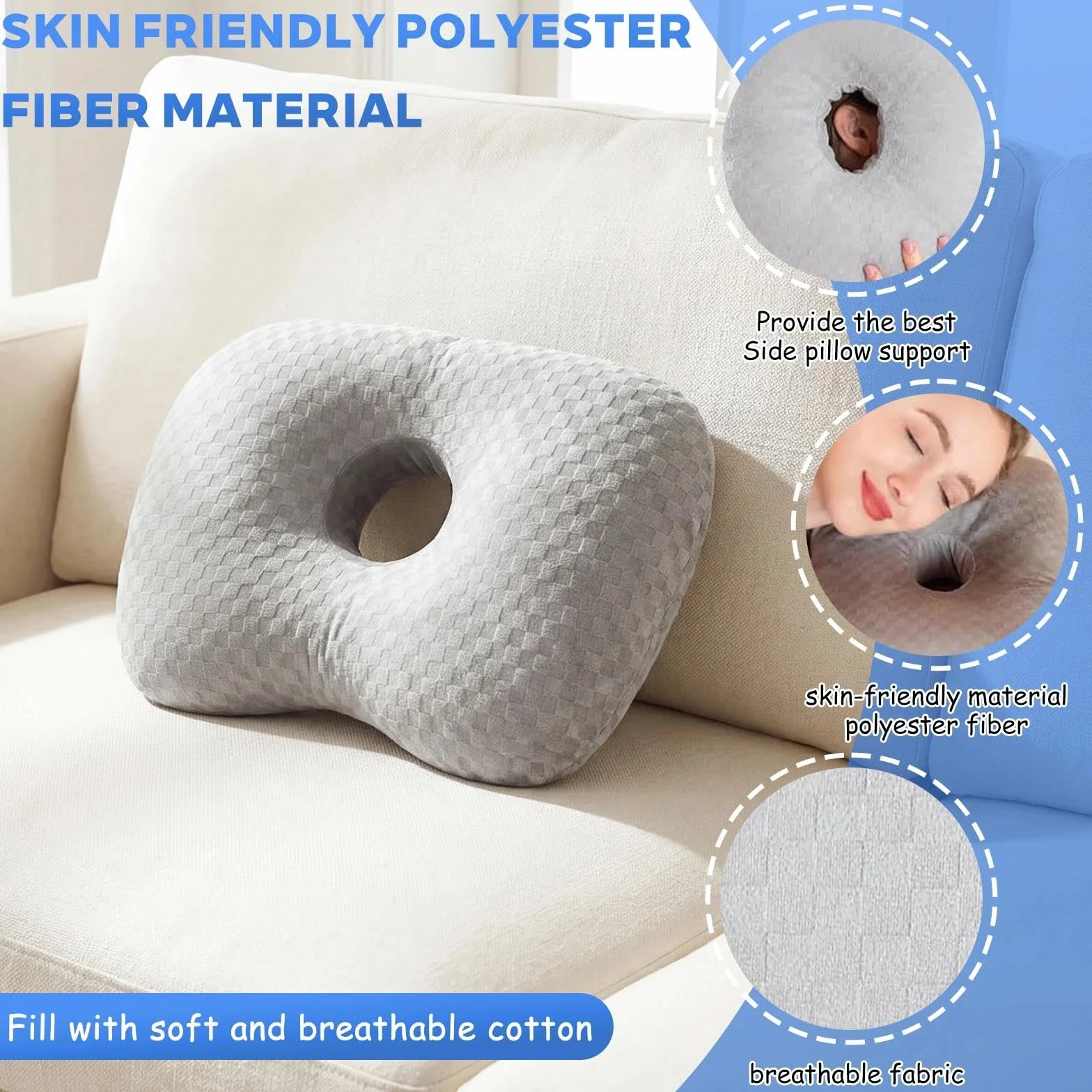 Piercing Ear Hole Pillows, poduszka do piercingu w kształcie pączka, wypełnienie z olyestrem, poduszka do przekłuwania uszu dla osób śpiących na boku, z otworem na ucho, dla osób cierpiących