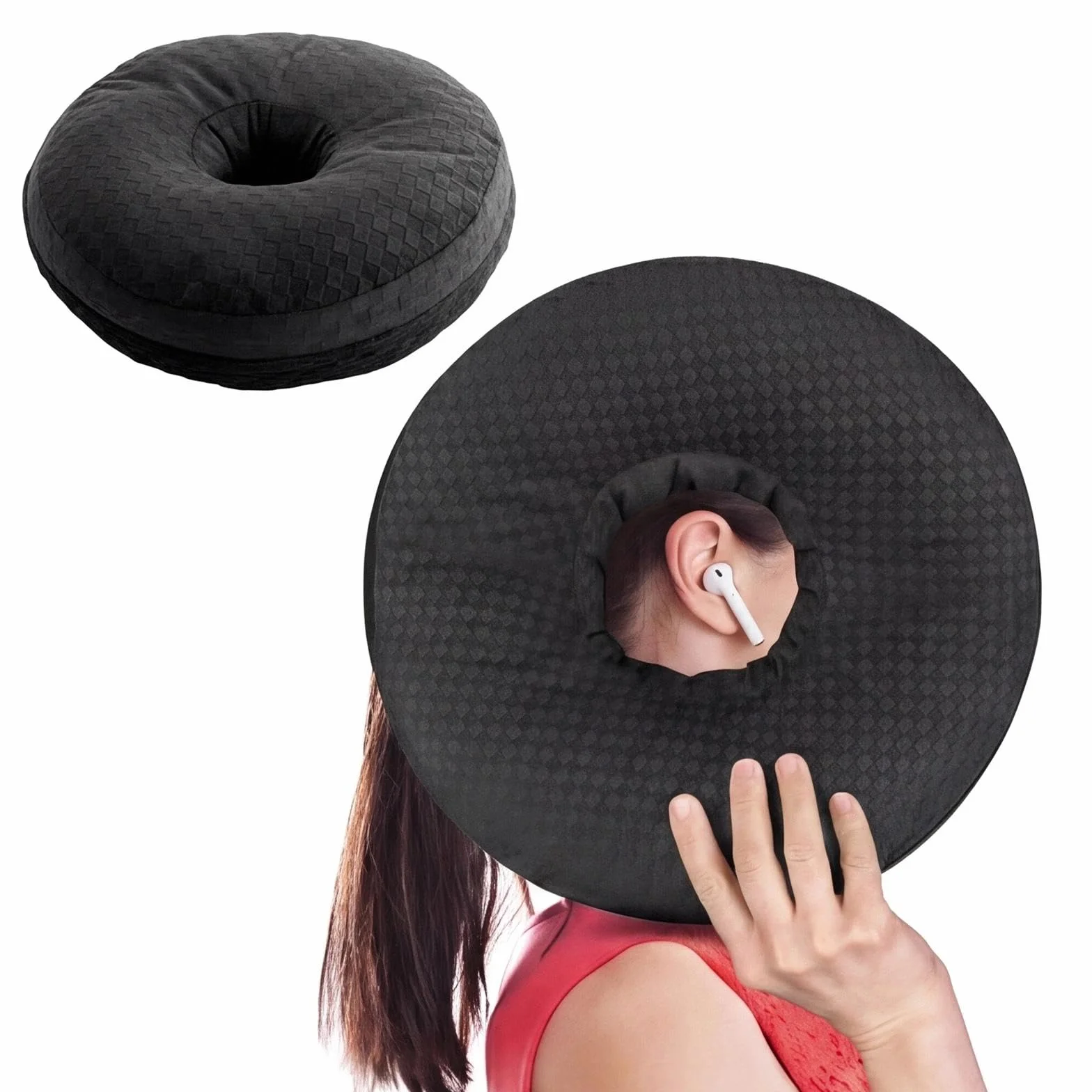 Poduszka na piercing do ucha, poduszka donut dla boków śpiących – wypełnienie olyester, dla ulgi w bólu, stanach zapalnych i komfortu słuchania (czarna, okrągła)