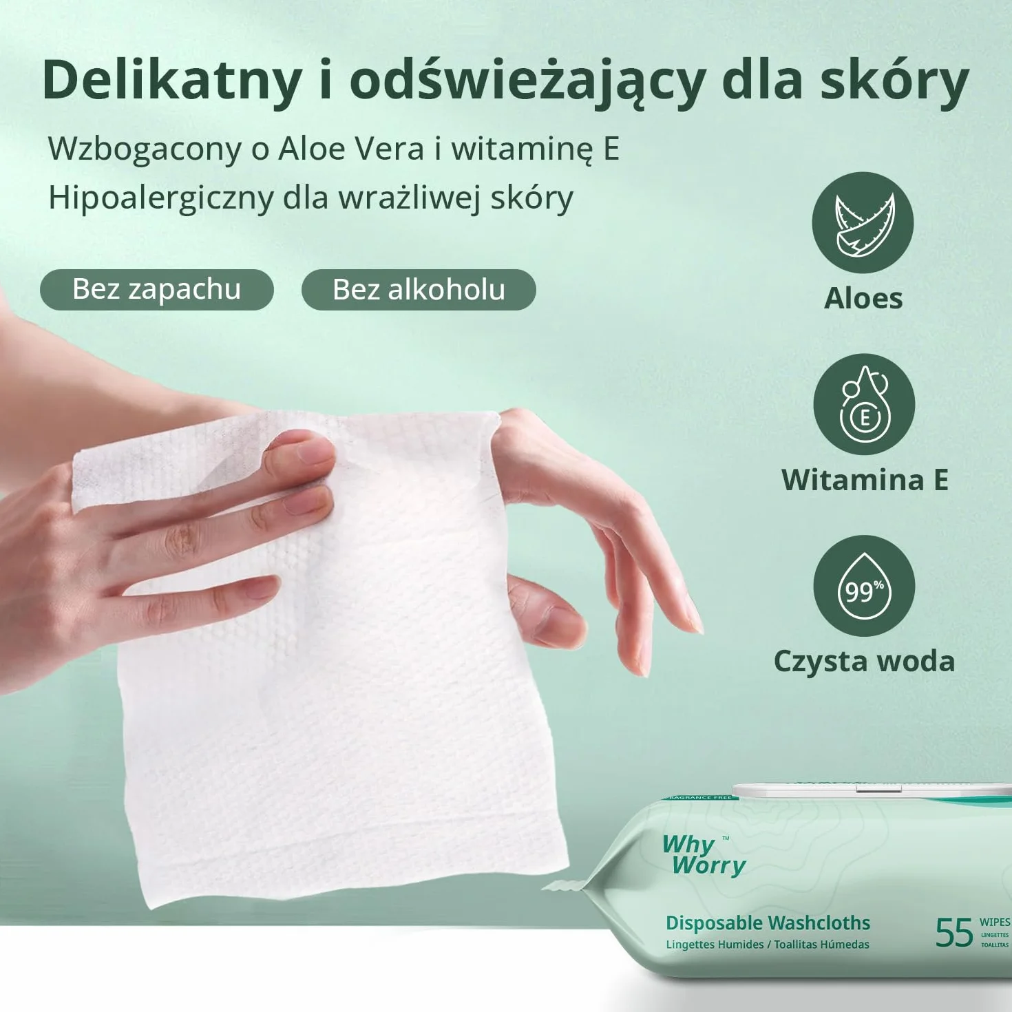 WhyWorry Chusteczki Nawilżane dla Dorosłych, Bardzo Duże 20 x 30 cm Chusteczki do Czyszczenia Ciała dla Seniorów, Bardzo Grube, Jednorazowe, z Aloesem i Witaminą E, 220 Sztuk