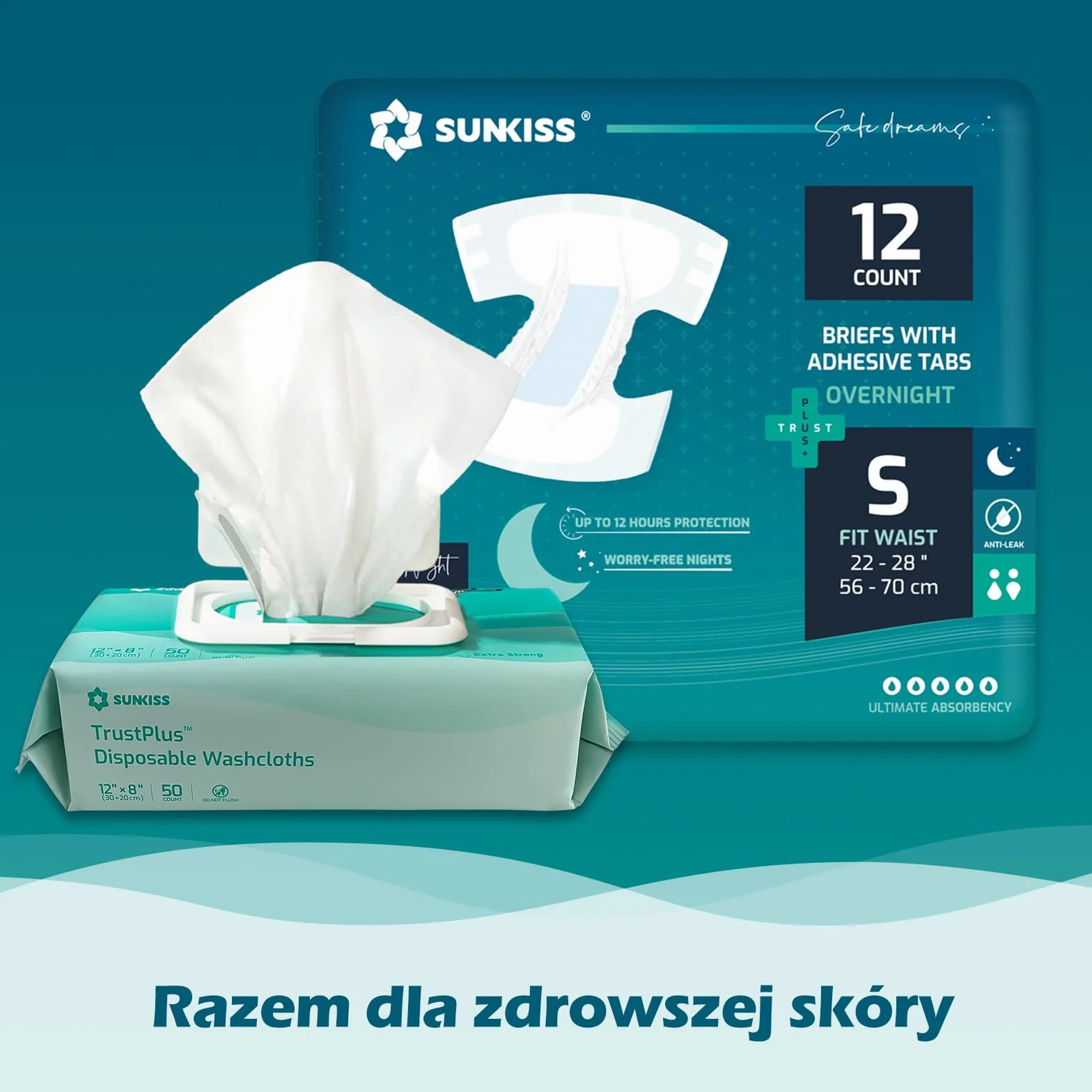 SUNKISS TrustPlus Overnight pieluchy dla dorosłych o najwyższej chłonności, majtki na nietrzymanie moczu unisex z zakładkami dla mężczyzn i kobiet, kontrola zapachu, S, 12 sztuk