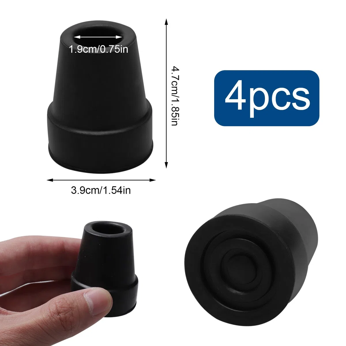 Końcówka rury 19 mm, 4 gumowe końcówki do kijków trekkingowych, zapasowa końcówka do lasek, antypoślizgowe gumowe nakładki, do standardowych lasek, akcesoria