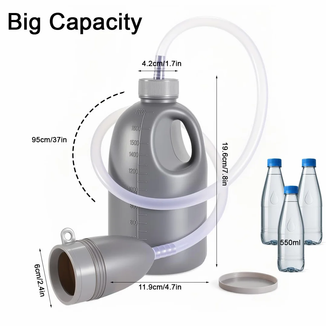 Butelka na mocz dla mężczyzn, 1700 ml, szczelna, z pokrywką i wężem, przenośna butelka na mocz, do szpitala, podróży, pielęgnacji, na kemping