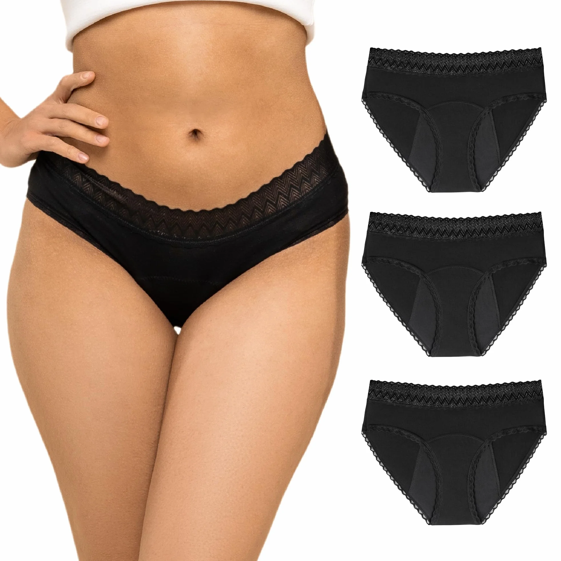 Zestaw 3 czarnych majtek menstruacyjnych z bawełny organicznej - Zmywalna chłonna ochrona higieniczna - pod ekologiczną odzieżą 4-warstwową zapobiegającą wyciekaniu dla miesiączki, czarny