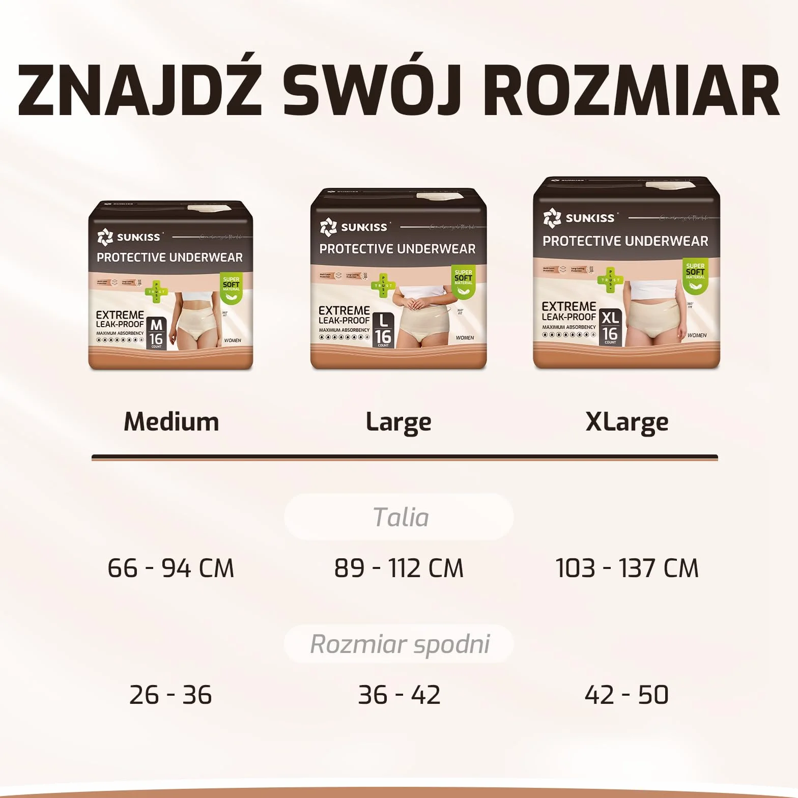 SUNKISS Pieluchy dla dorosłych i kobiet, jednorazowe pieluchy po porodzie dla dorosłych, spodnie dla kobiet o maksymalnej chłonności, beżowe, rozmiar L, 32 szt.