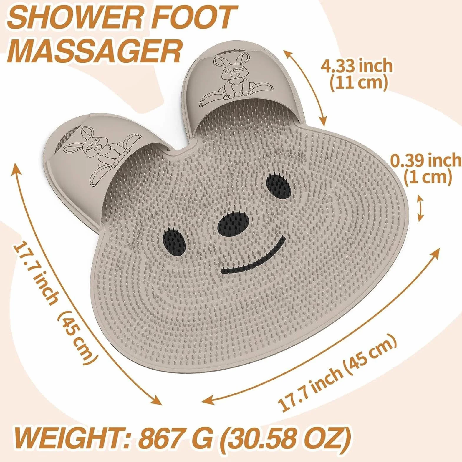 Foot Scrubber Mat, Shower Floor Feet Cleaner Brush, Bunny-Shaped Callus Remover, Soft Bristles Massage Pad, 17.72x17.72x0.98 inches