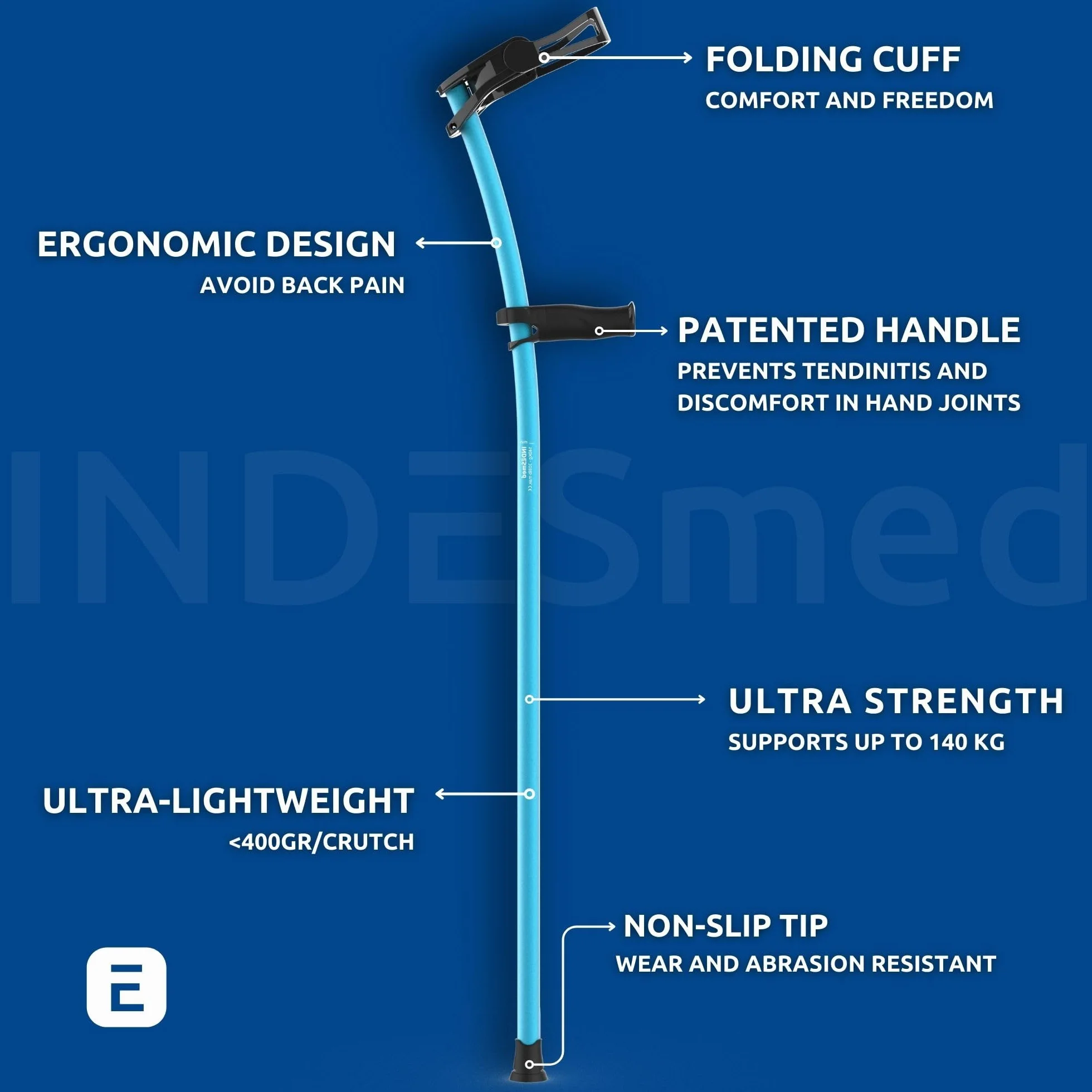INDESmed aluminiowe kule ortopedyczne z uchylnym łokciem ergonomiczny uchwyt fioletowy L 175-185 cm
