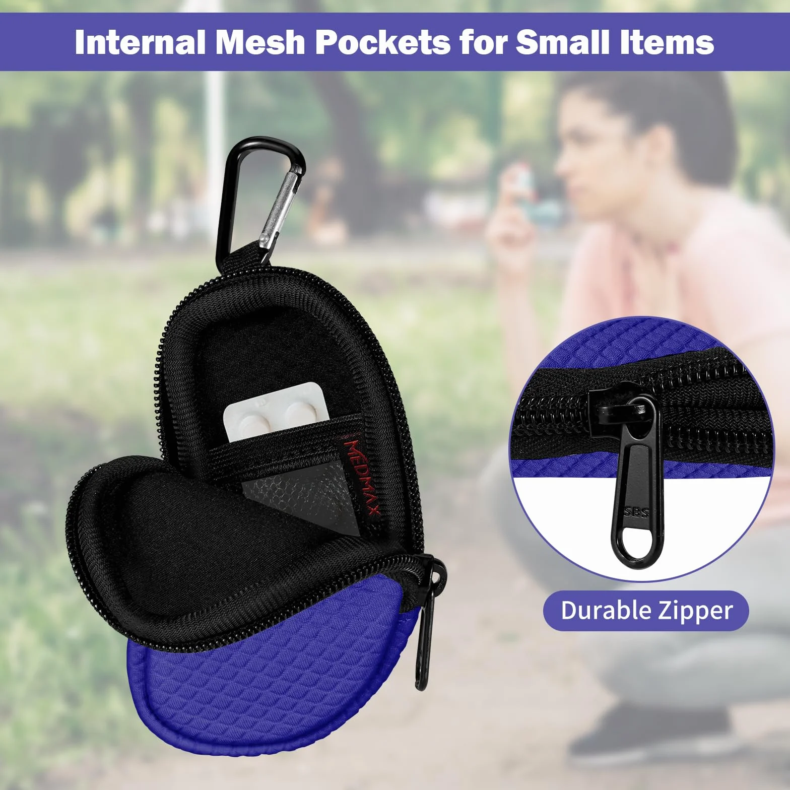 MEDMAX Étui de Transport pour Asthma inhalator, Sac de Rangement léger protection en néoprène avec mousqueton, inhalateur non inclus (étui uniquement) (Bleu marine)