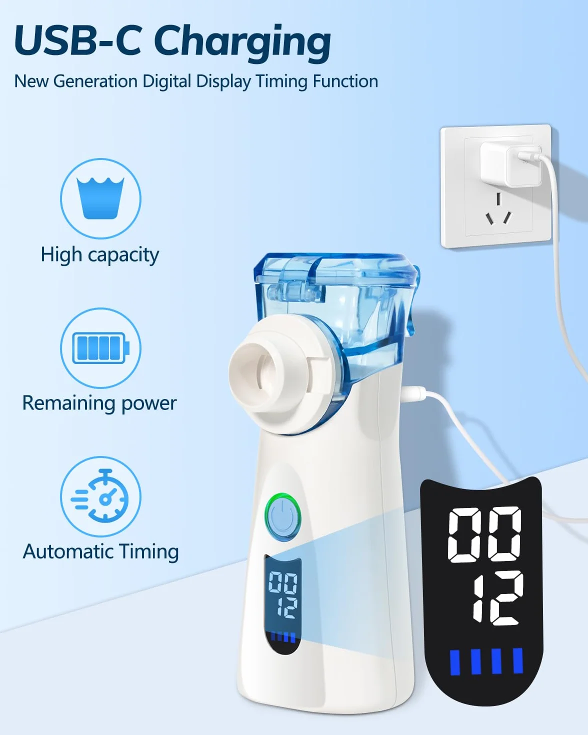 Bowfar Inhalator nebulizator, cichy inhalator z 2 kubkami na lek dla dorosłych i dzieci, wielkość cząsteczek 2-5 µm, 3 prędkości, przenośny, akumulatorowy inhalator ultradźwiękowy - niebieski