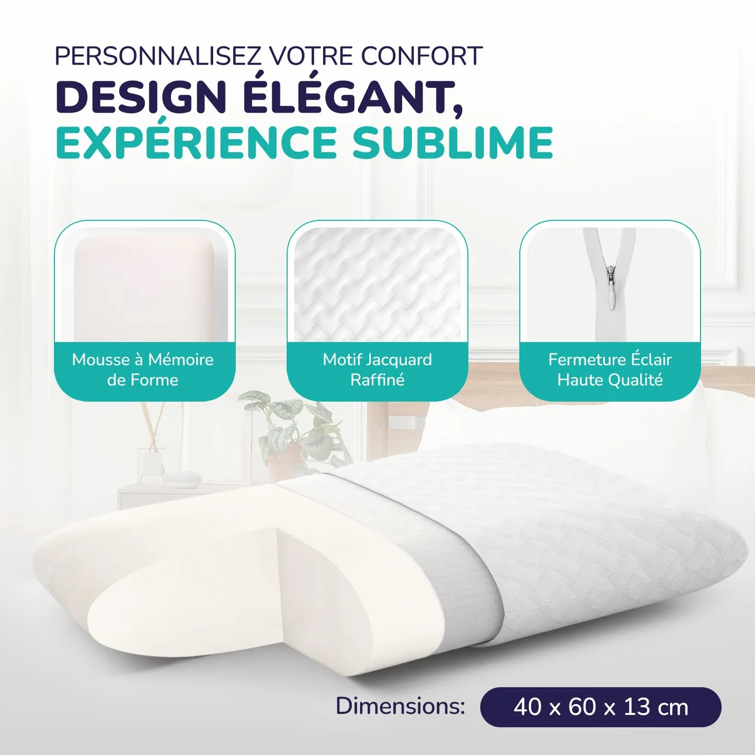 ZenPur Oreiller Ergonomique Cervical Orthopédique, Coussin Mémoire de Forme, Anti Acarien & Ronflement, Housse Bambou, Fabriqué EU