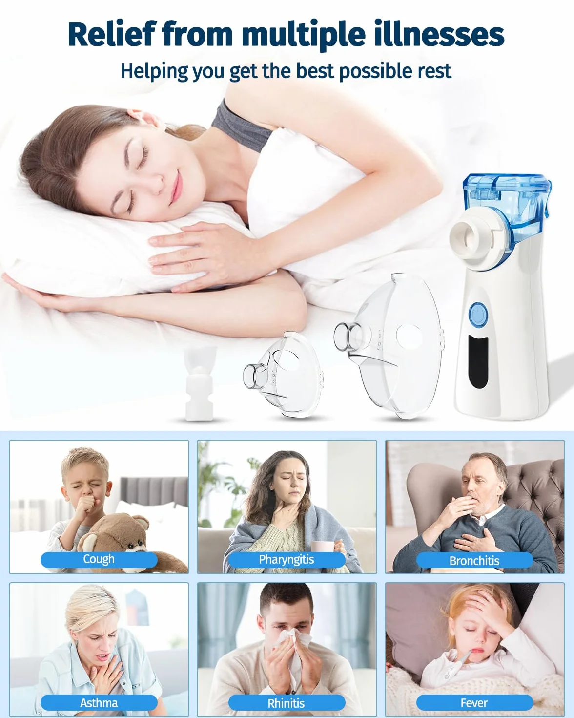 Bowfar Inhalator nebulizator, cichy inhalator z 2 kubkami na lek dla dorosłych i dzieci, wielkość cząsteczek 2-5 µm, 3 prędkości, przenośny, akumulatorowy inhalator ultradźwiękowy - niebieski