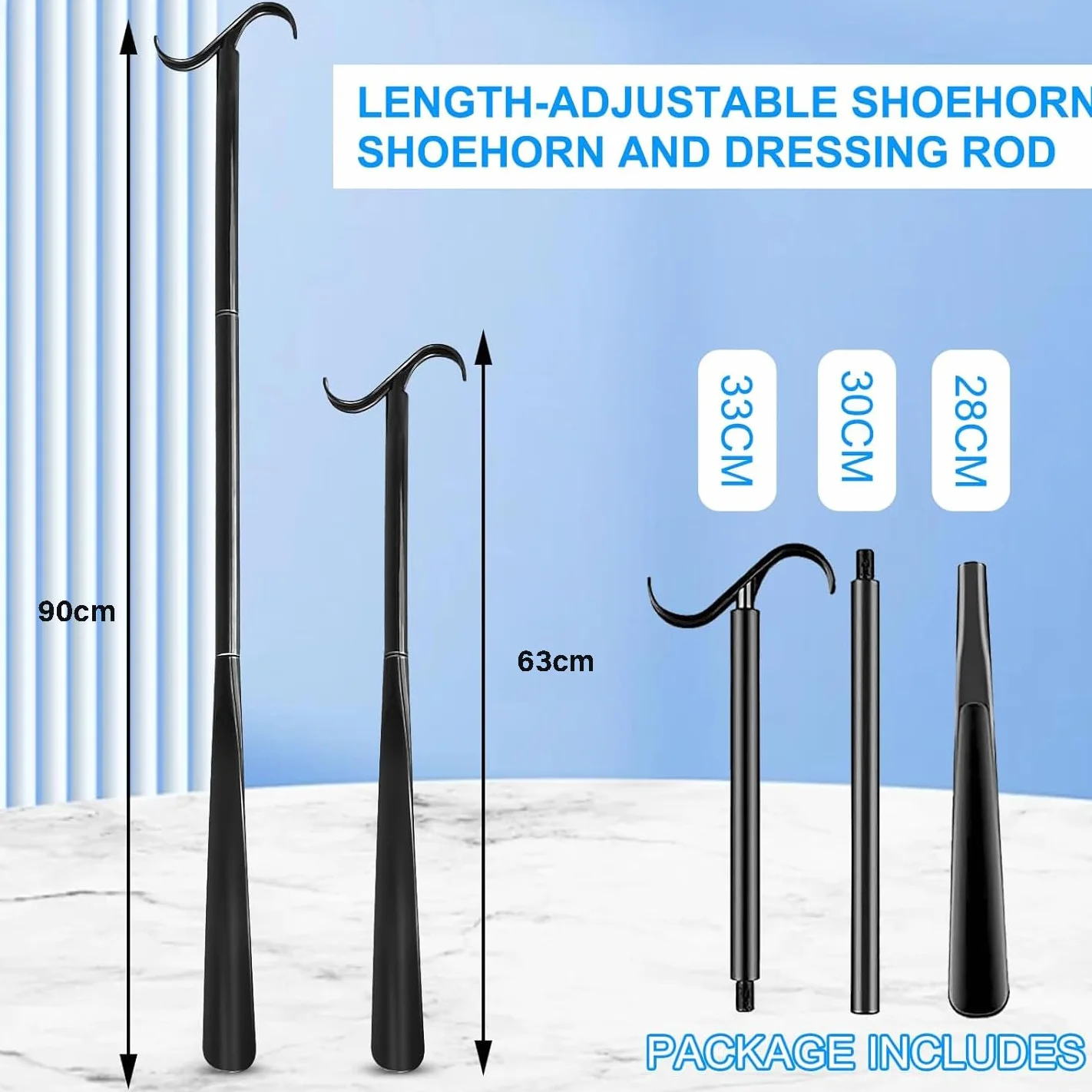 Łyżka do butów, bardzo długa, 90 cm, długa łyżka do butów, 3 w 1, pomoc w zakładaniu i usuwaniu skarpet, butów i ubrań w pozycji siedzącej lub stojącej, dla mężczyzn, kobiet, dzieci, seniorów