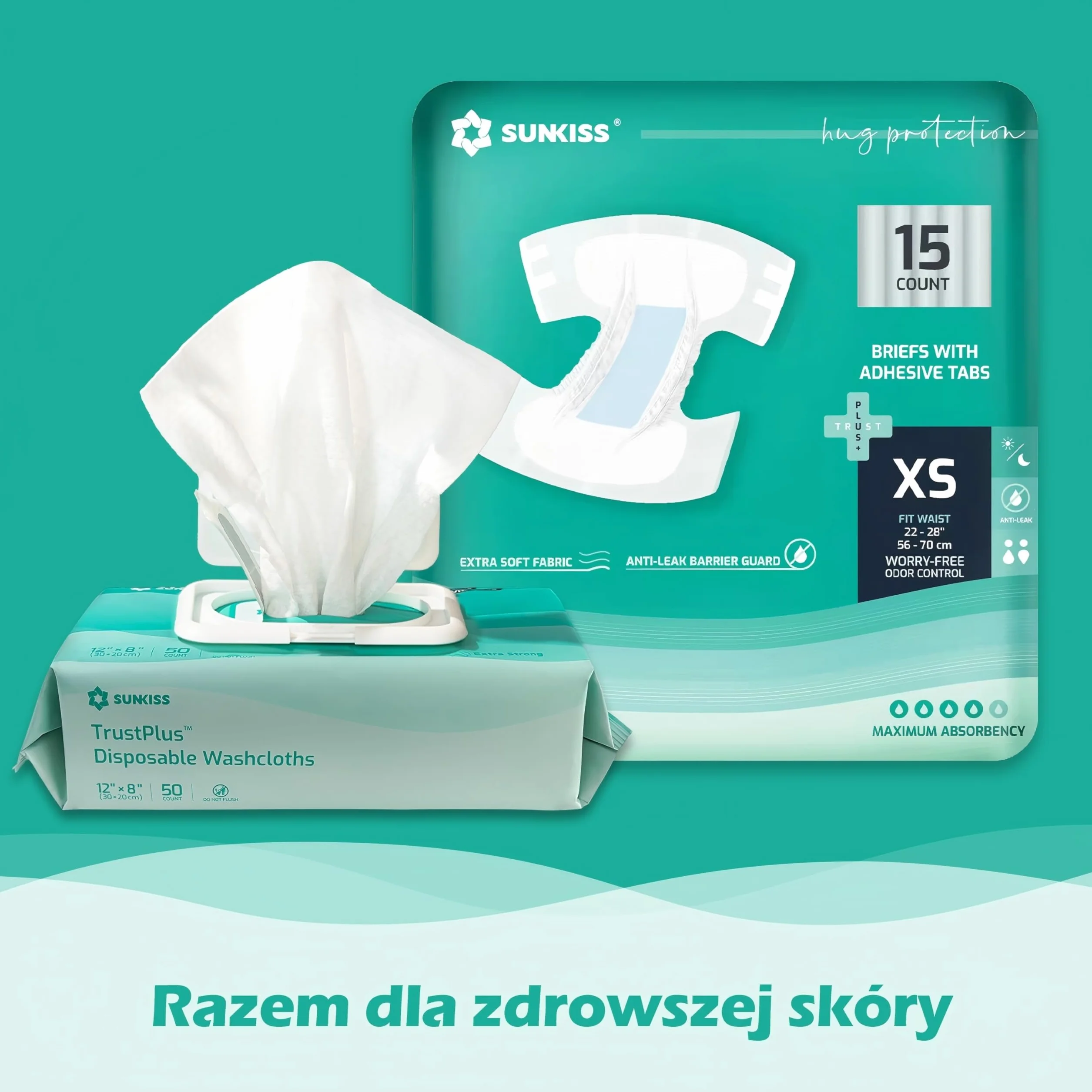 SUNKISS TrustPlus Pieluchy dla dorosłych o maksymalnej chłonności, uniseks jednorazowe majtki na nietrzymanie moczu z zakładkami, dla mężczyzn i kobiet, kontrola zapachu, rozmiar S/M, 15 sztuk