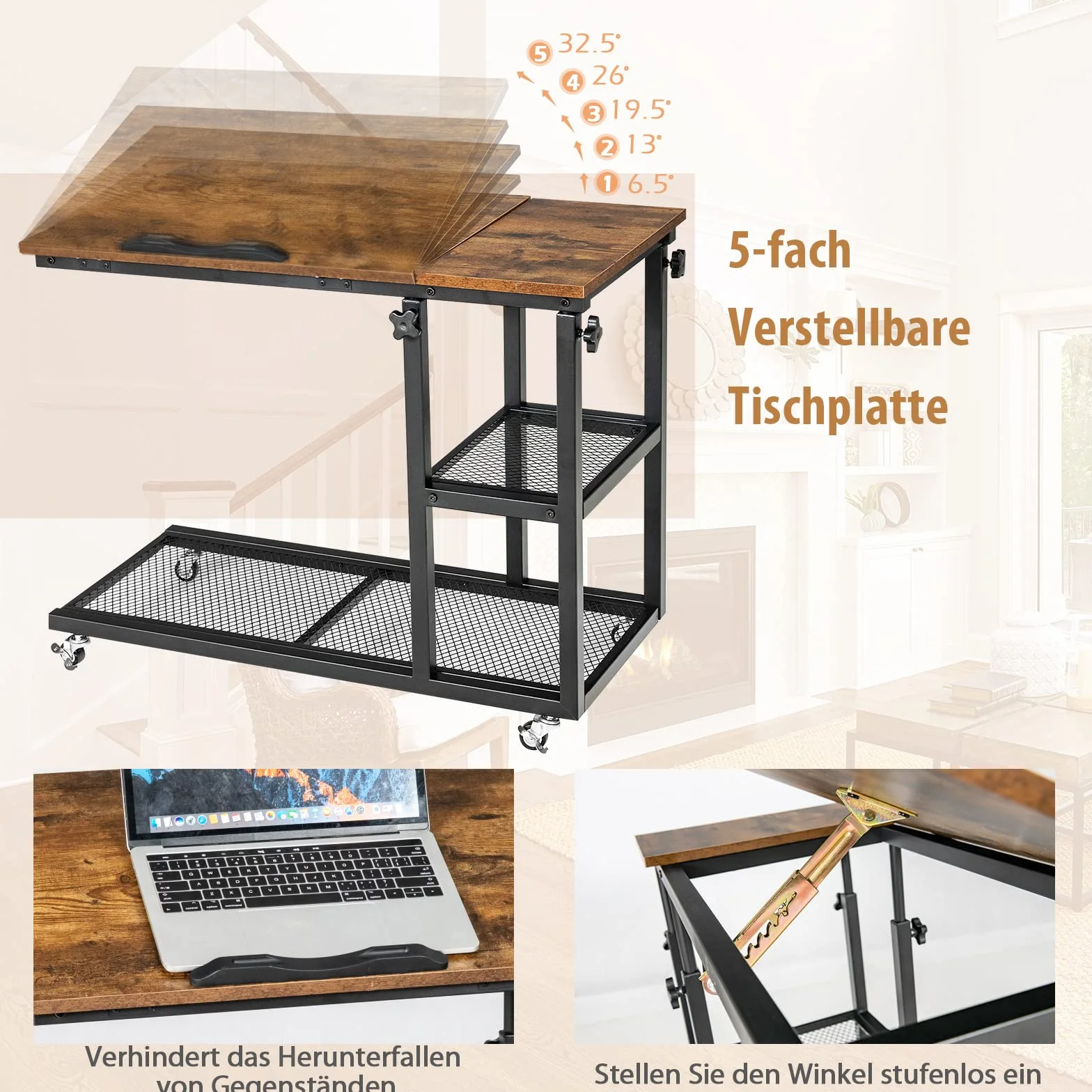 COSTWAY Stolik pod laptopa z regulacją wysokości i nachylenia, 3 poziomy, w kształcie litery C, na kółkach, 80 x 40 x 95 cm, brązowy