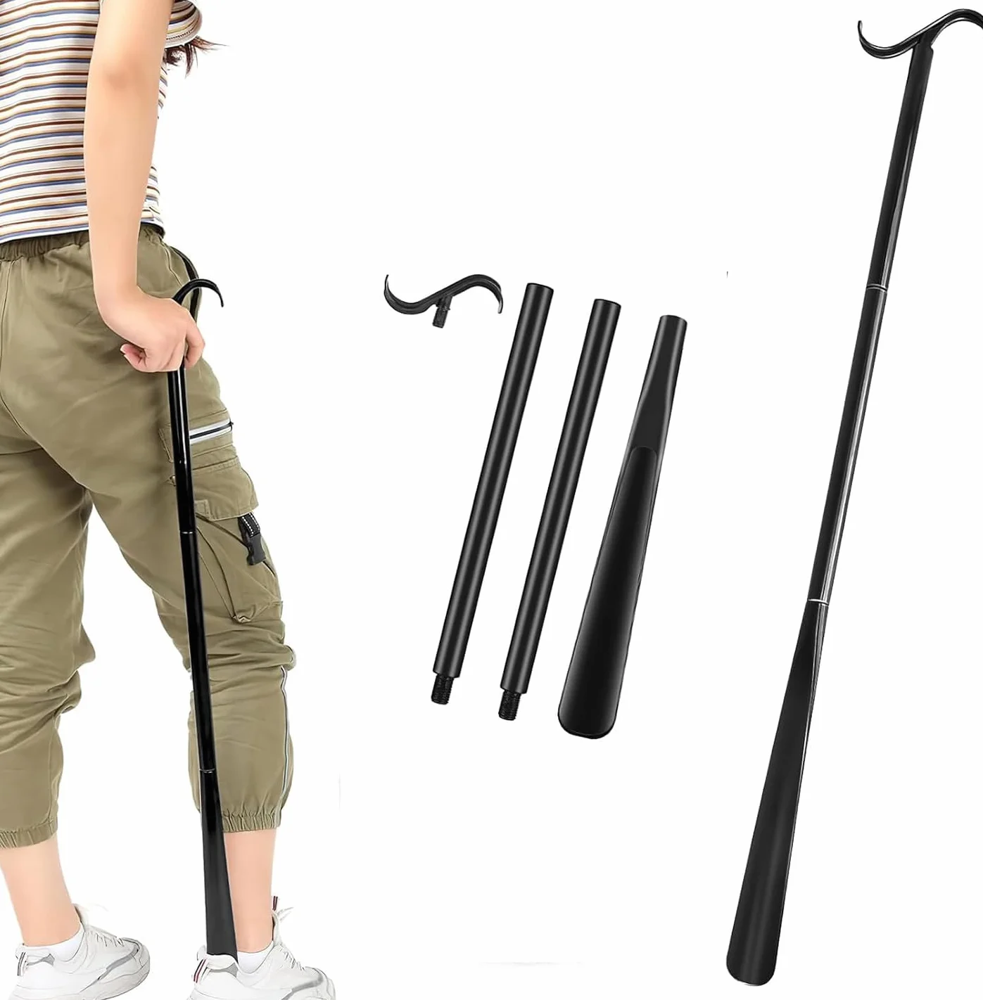 Łyżka do butów, bardzo długa, 90 cm, długa łyżka do butów, 3 w 1, pomoc w zakładaniu i usuwaniu skarpet, butów i ubrań w pozycji siedzącej lub stojącej, dla mężczyzn, kobiet, dzieci, seniorów