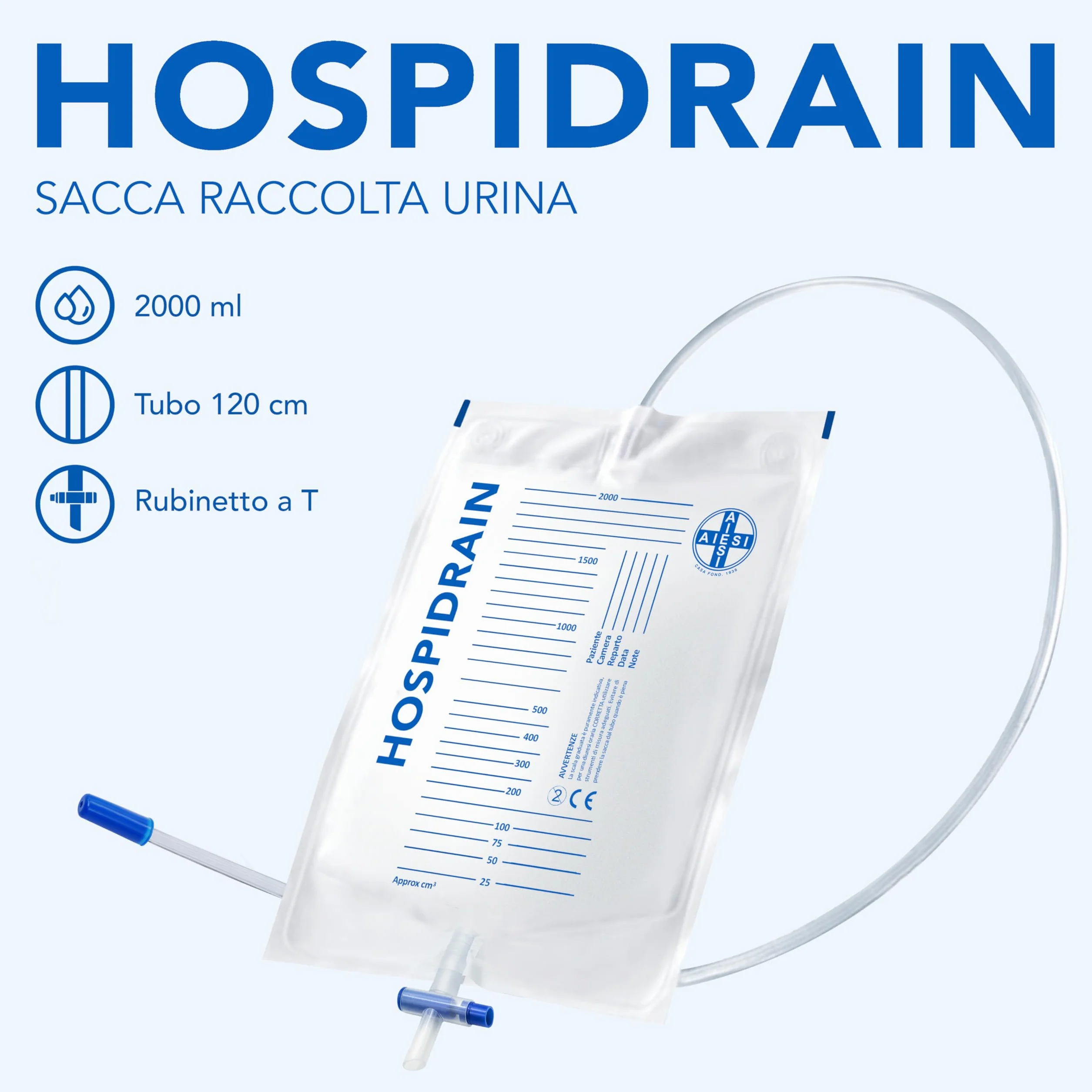 AIESI® Worki na mocz Bed 2 litry, rurka 120 cm z kranem krzyżowym (T) i zaworem antyrefluksowym HOSPIDRAIN (opakowanie 25 sztuk)