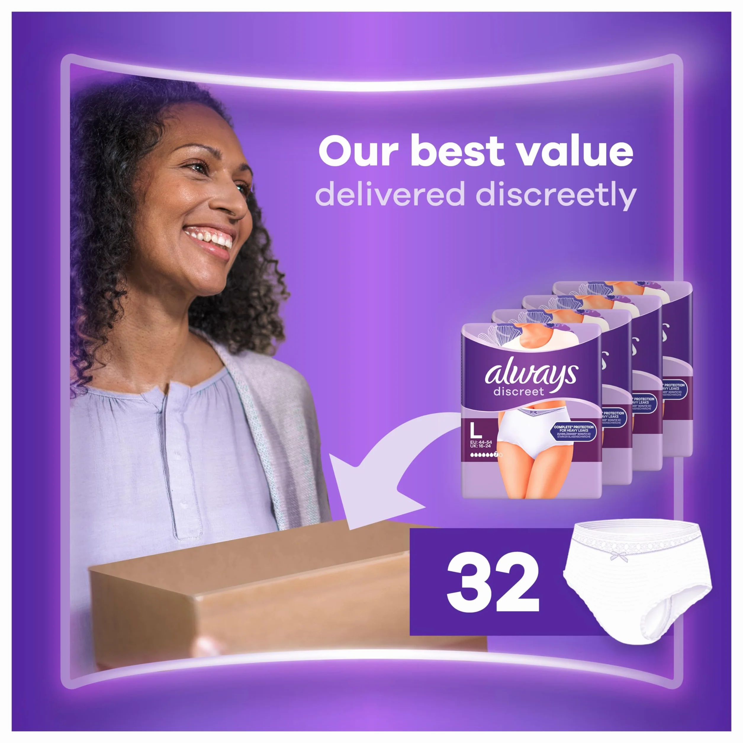 Always Discreet Plus Bielizna na nietrzymanie moczu, rozmiar L, 4 x 8 sztuk, ochrona przed przeciekami i zapachami