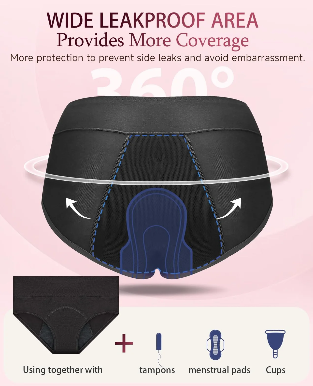 Bielizna okresowa, bielizna menstruacyjna, wysoka waga, 95% bawełna, oddychająca, 3 sztuki w opakowaniu (XS-3XL)