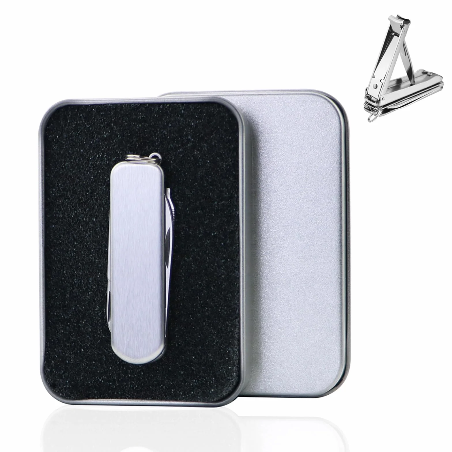 Obcinacz do paznokci, 5,5 x 2 cm, mini scyzoryk z pudełkiem, nadaje się do wielu zastosowań, takich jak obcinanie paznokci, manicure, cięcie, demontaż i montaż części (kolor stalowy).