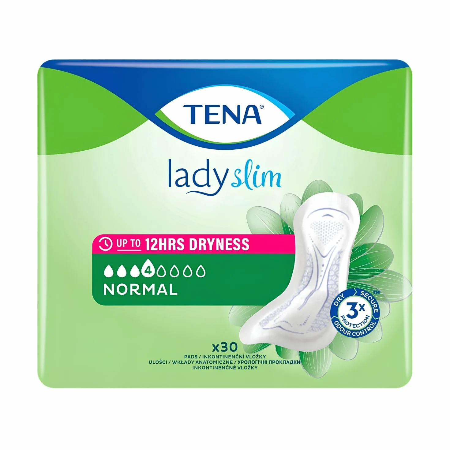 Podpaski urologiczne dla kobiet dyskretne TENA Lady Slim Normal, specjalistyczne wkładki, lekki stopień nietrzymania moczu, chłonność 4/8, kontrola zapachu, (1 opakowanie 30 sztuk)
